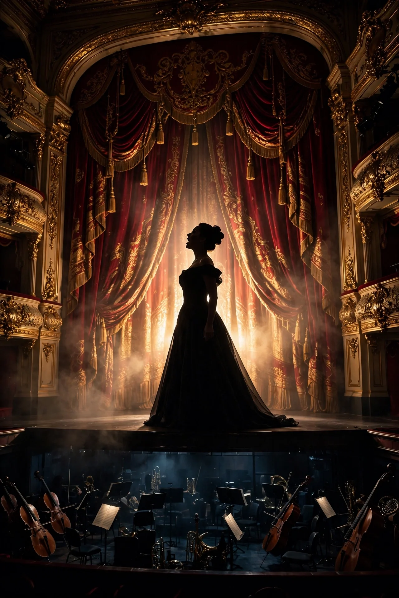 A generic opera soprano silhouette singing on a grand opera stage