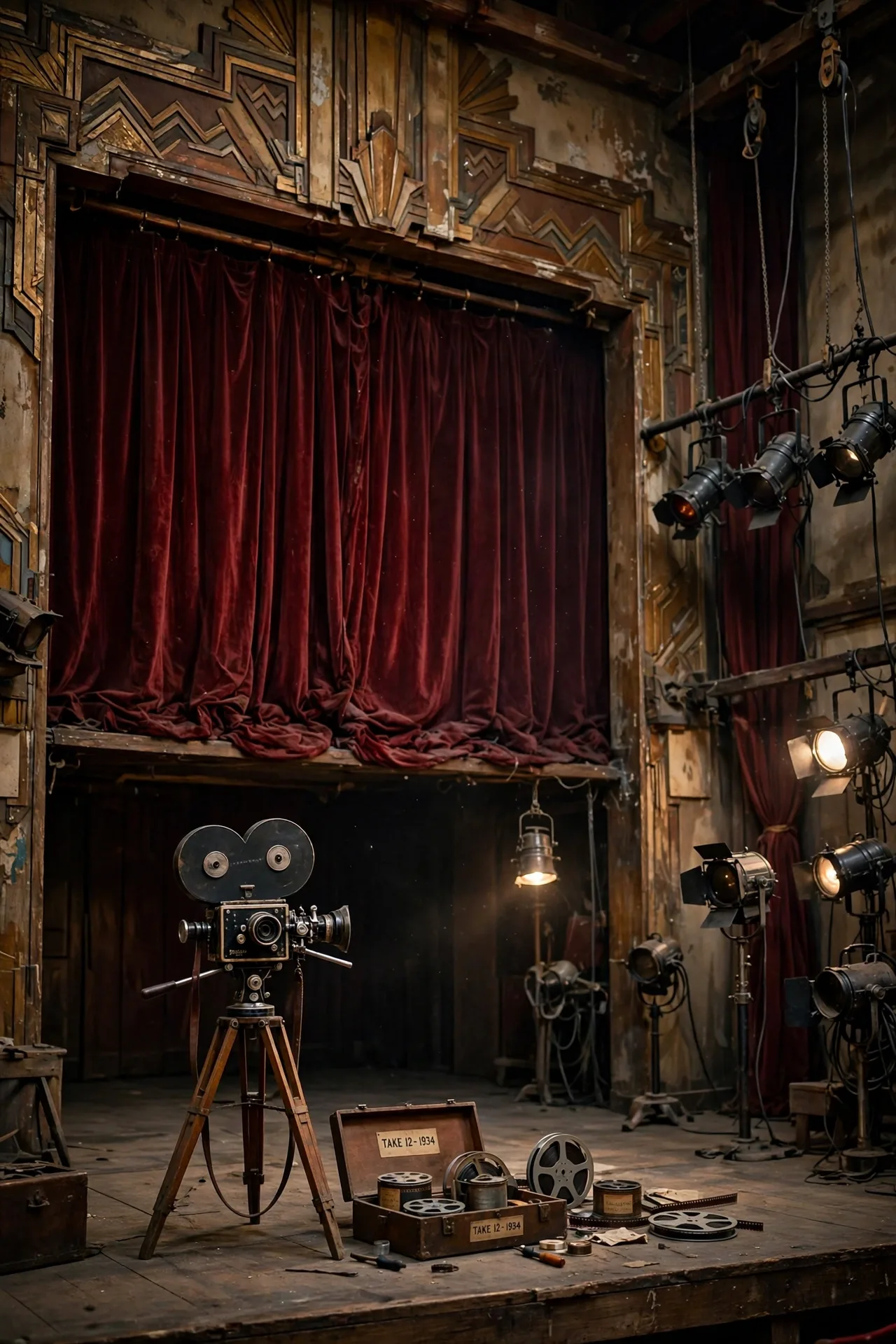1930s theatre stage with a drawn curtain and vintage film equipment