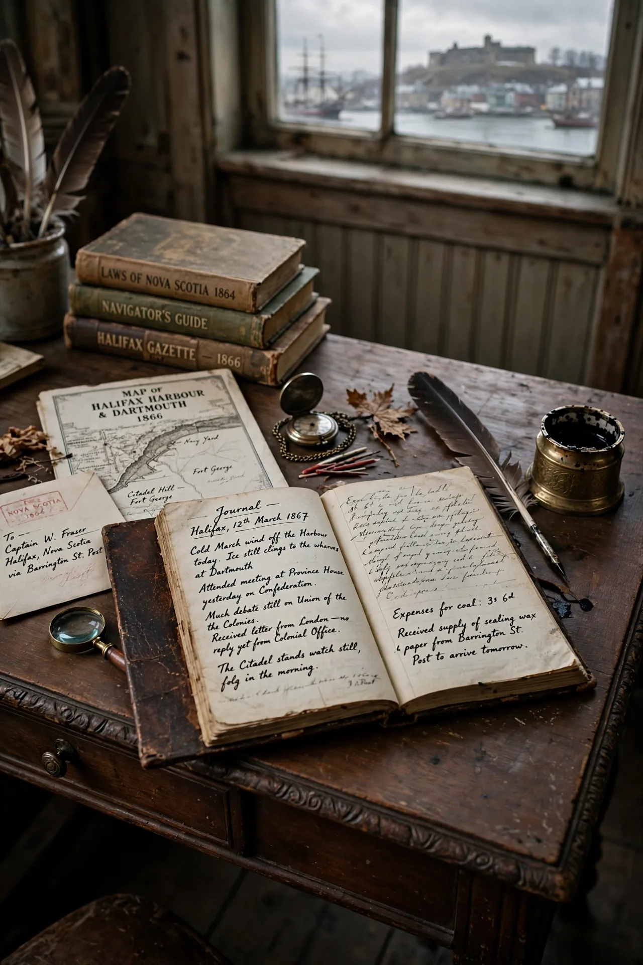 19th-century study desk with an open handwritten diary and quill