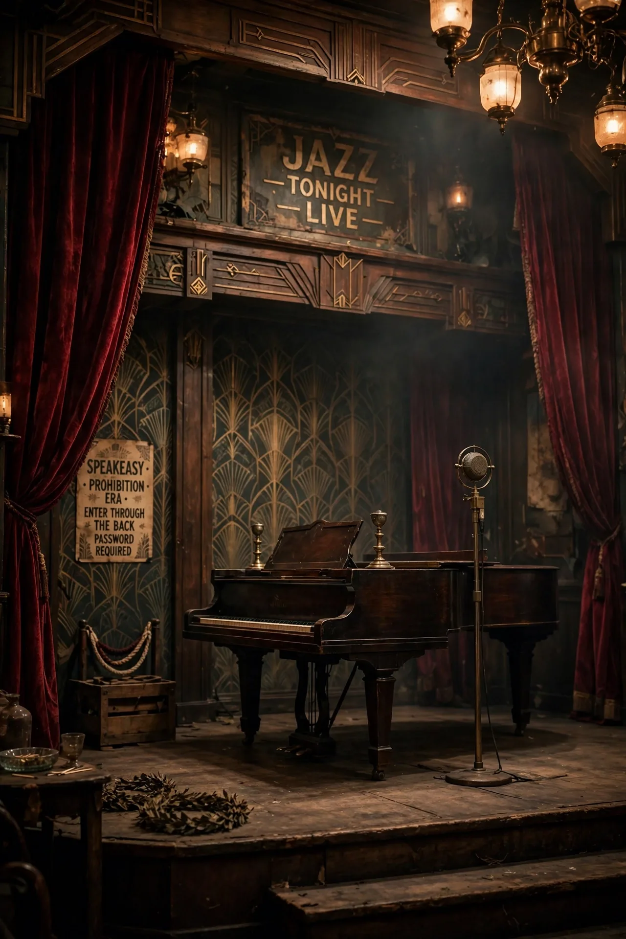 1920s jazz speakeasy stage with a piano and vintage microphone