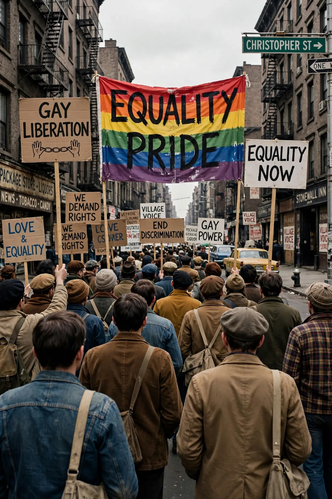 1969 New York street protest with hand-painted signs and banners