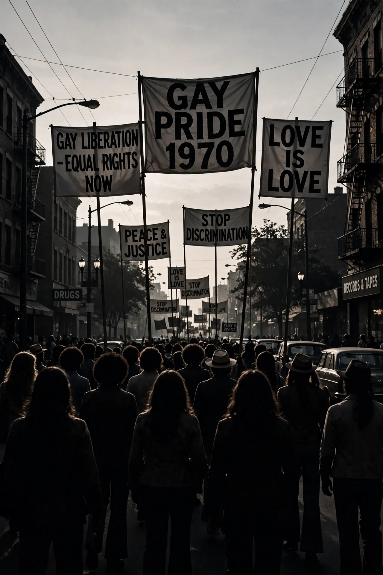 1970 pride march banners seen from behind a crowd