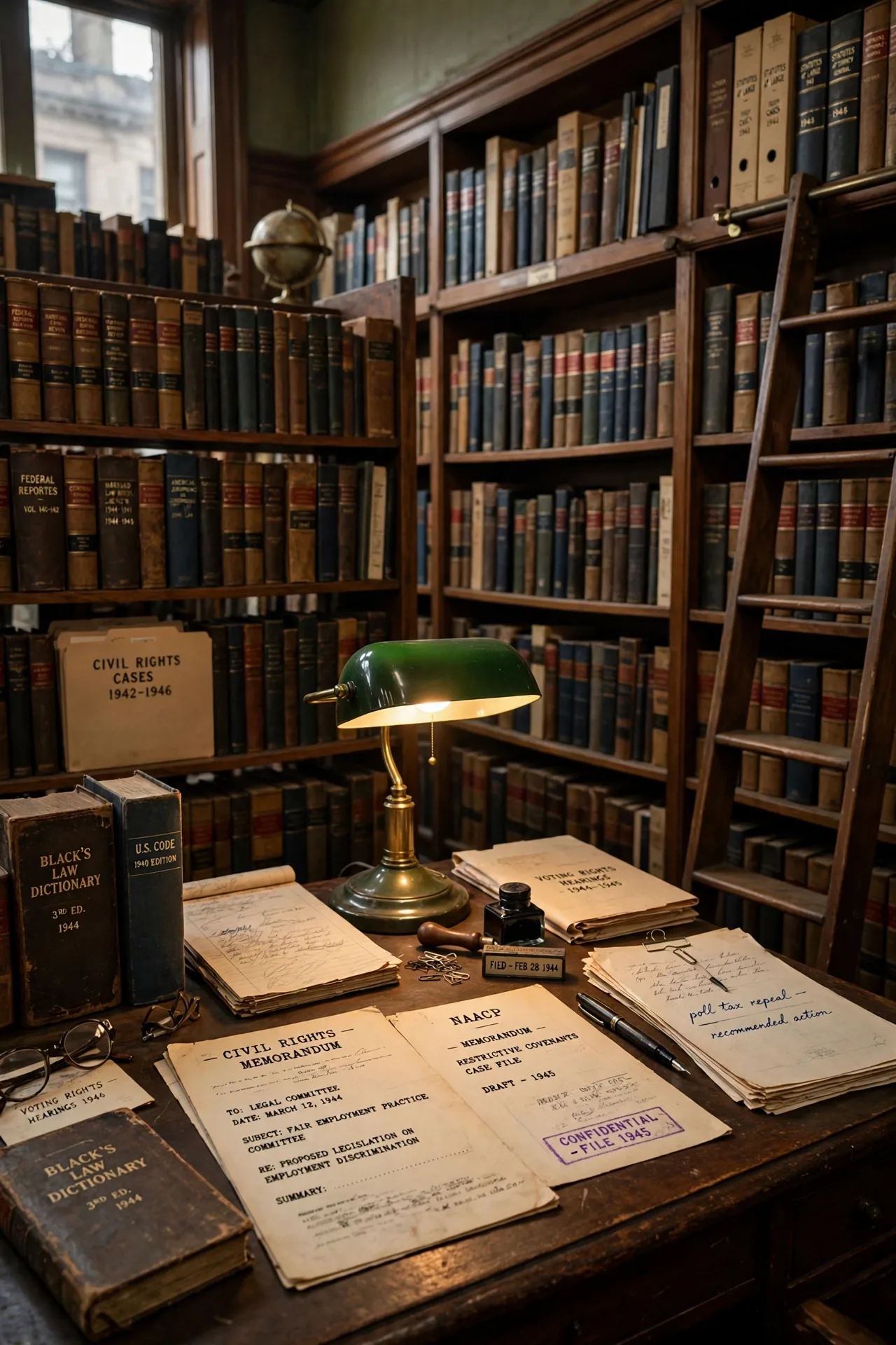 1940s law library with civil-rights-era documents and books