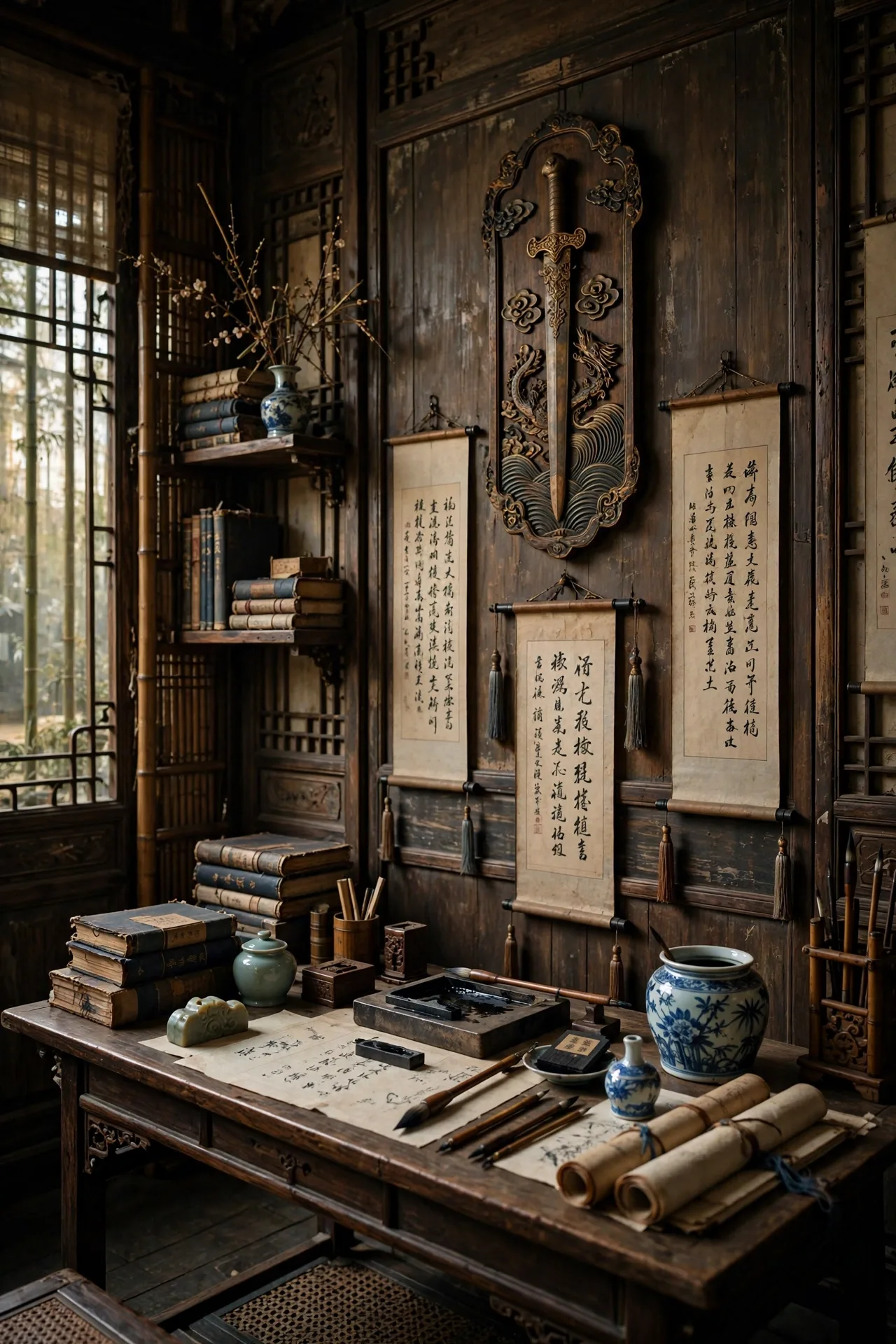 Late-Qing-era Chinese study with poetry scrolls and a sword motif