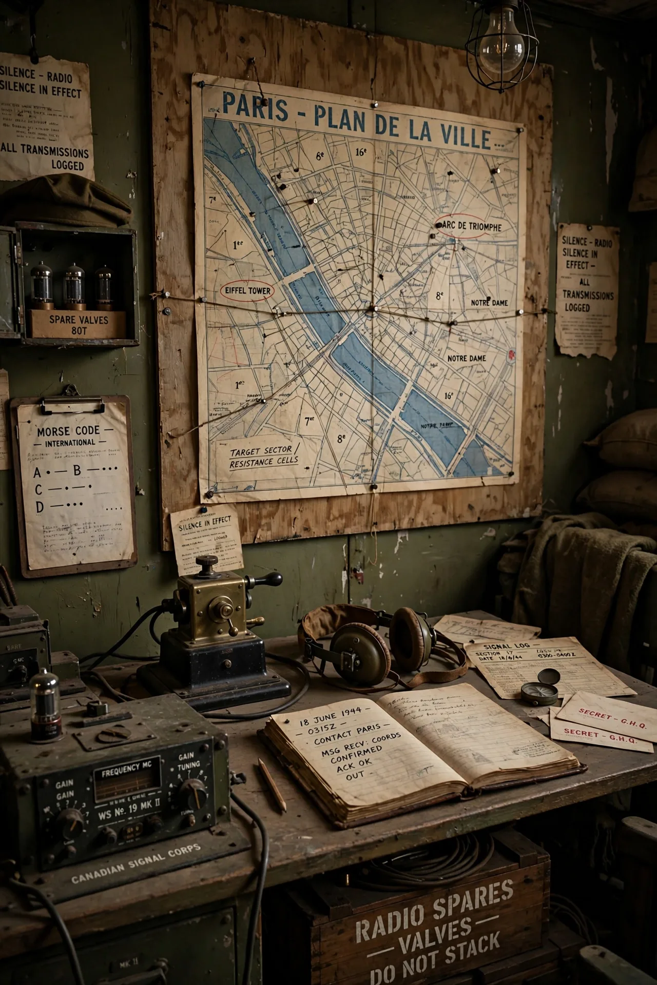 Second World War radio room with a Morse key and a map of Paris