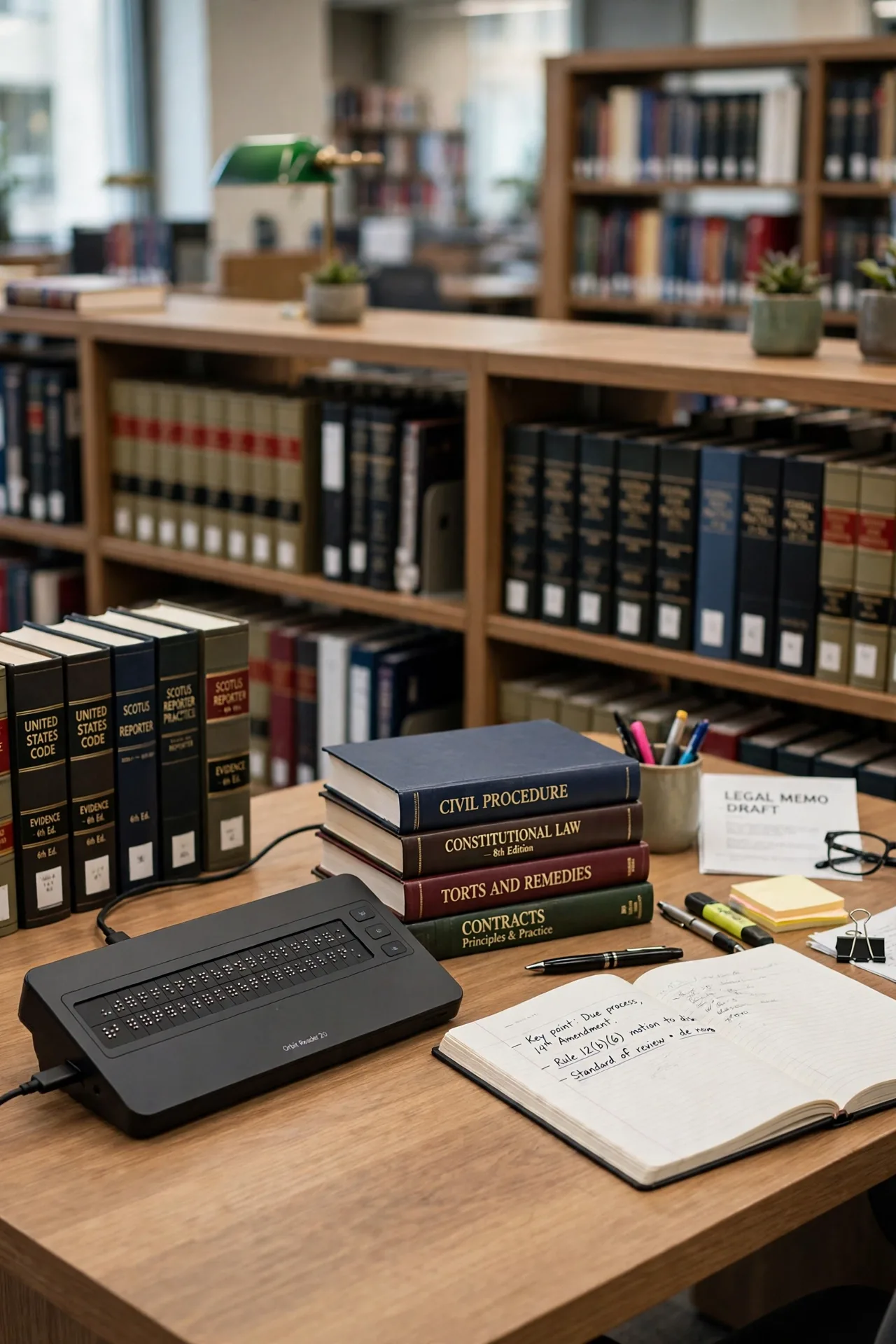 Modern law library study desk with a braille display and law books