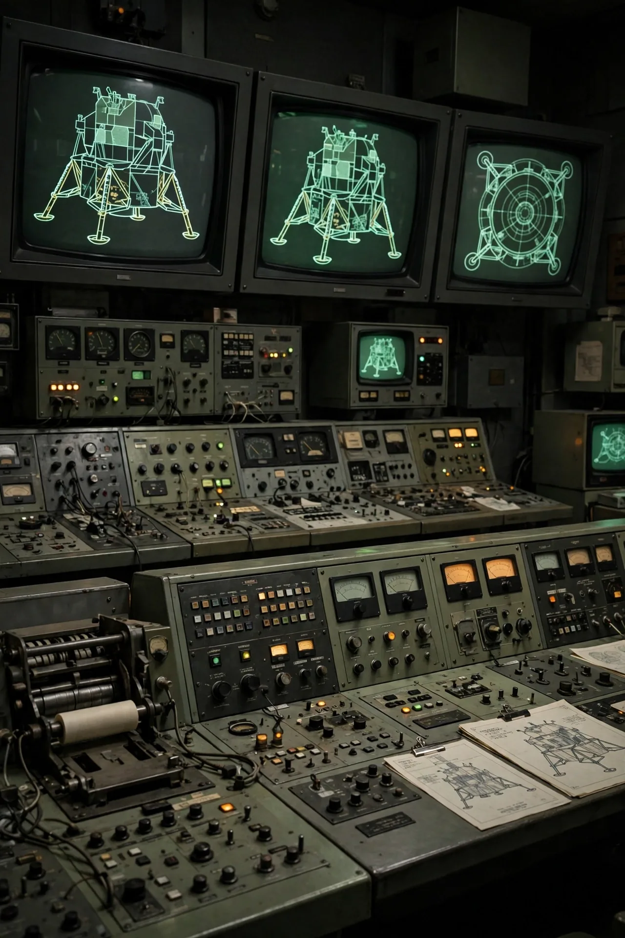1960s NASA-style mission control consoles and lunar module diagrams