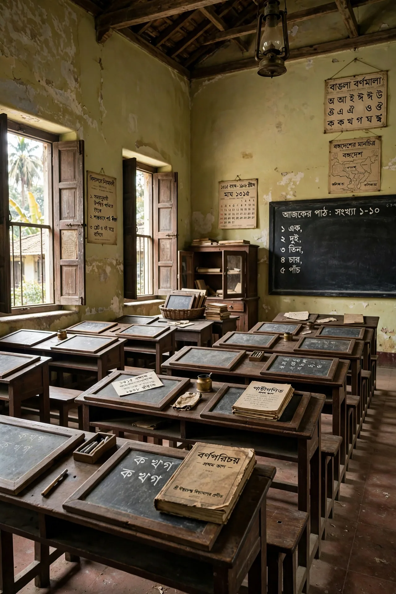 Early-1900s Bengali girls' classroom with desks and books