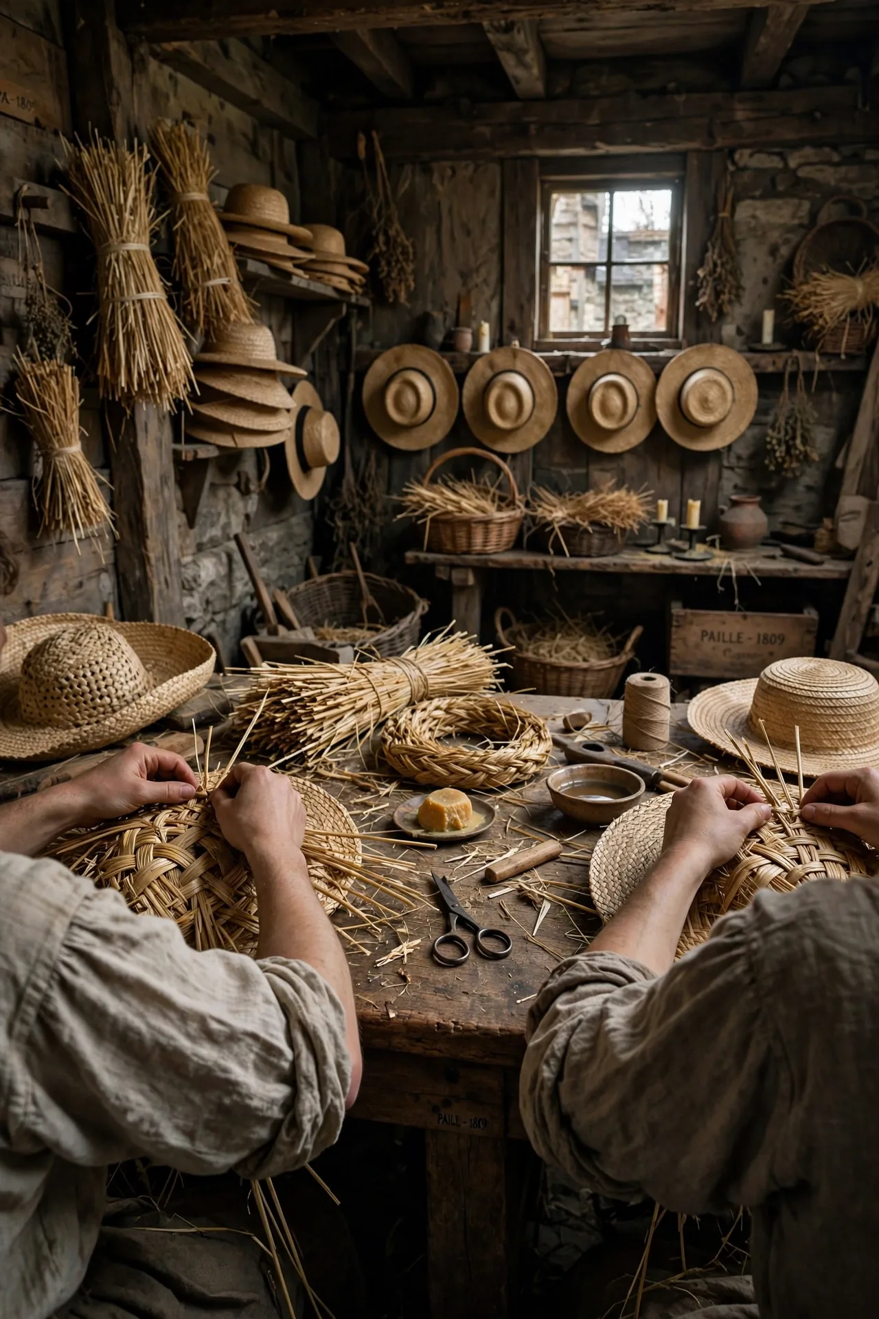 1809 workshop with straw hats being woven at a workbench