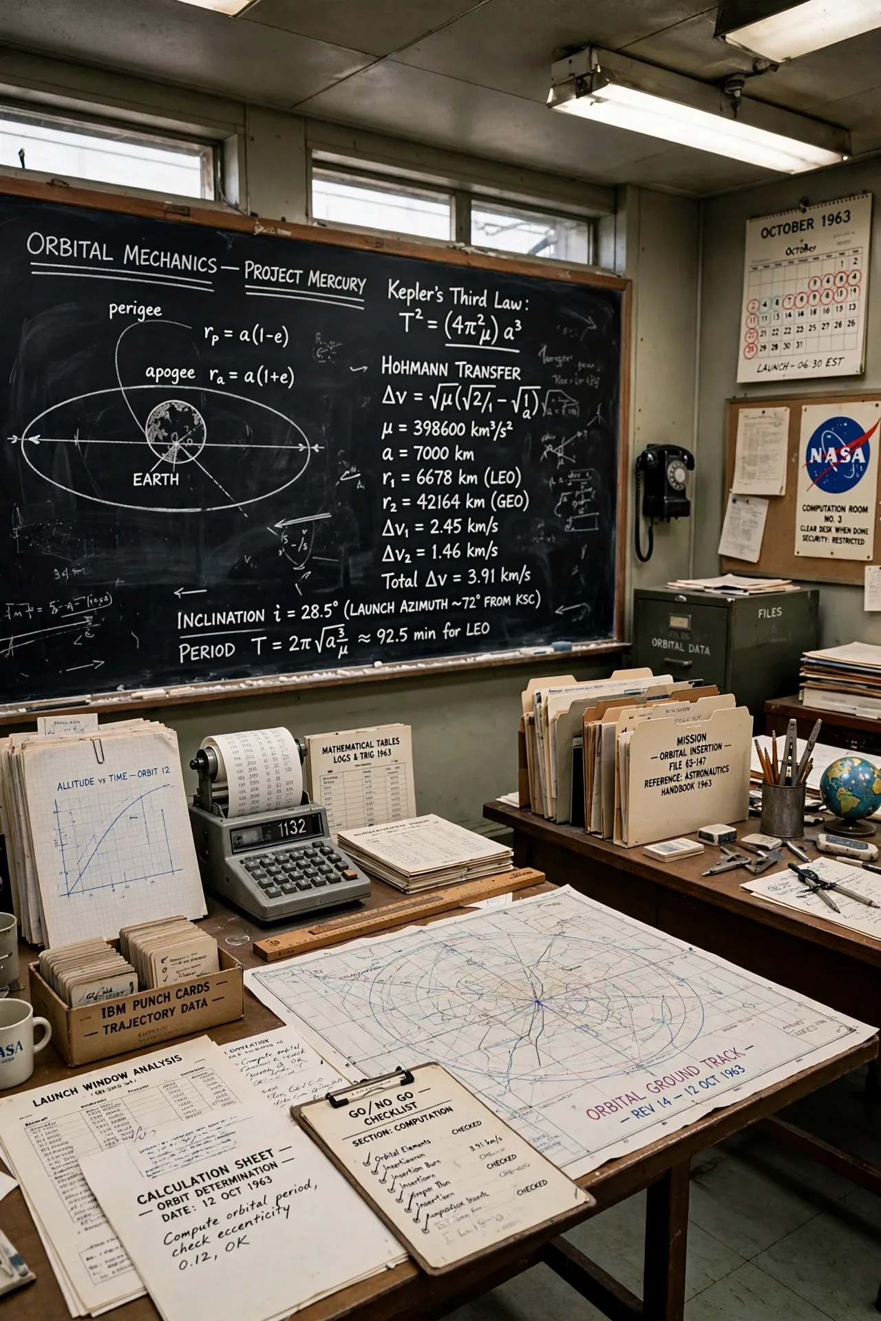 1960s NASA calculation room with a chalkboard of orbital mathematics