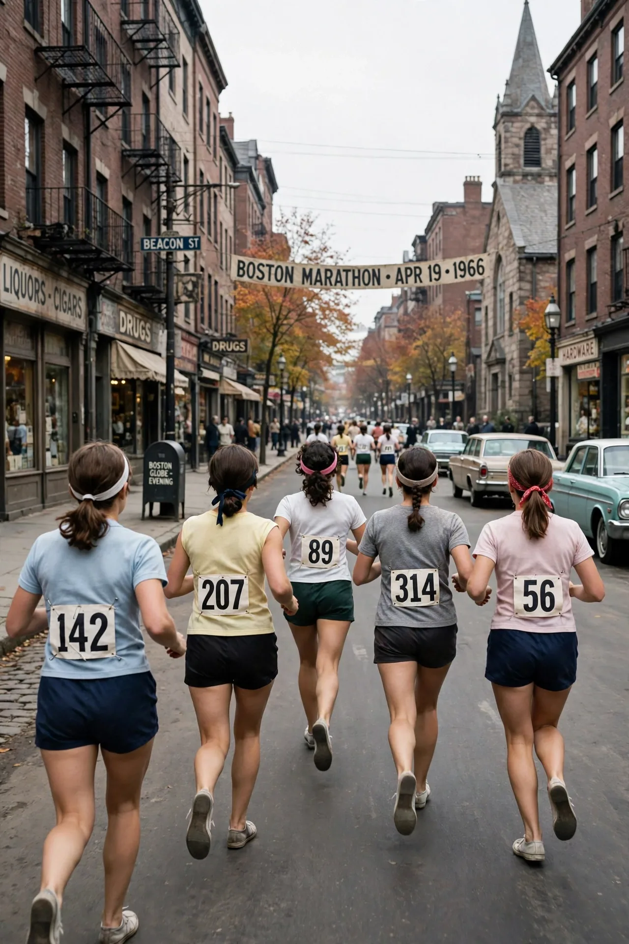 1960s marathon road with runners seen from behind in period clothing