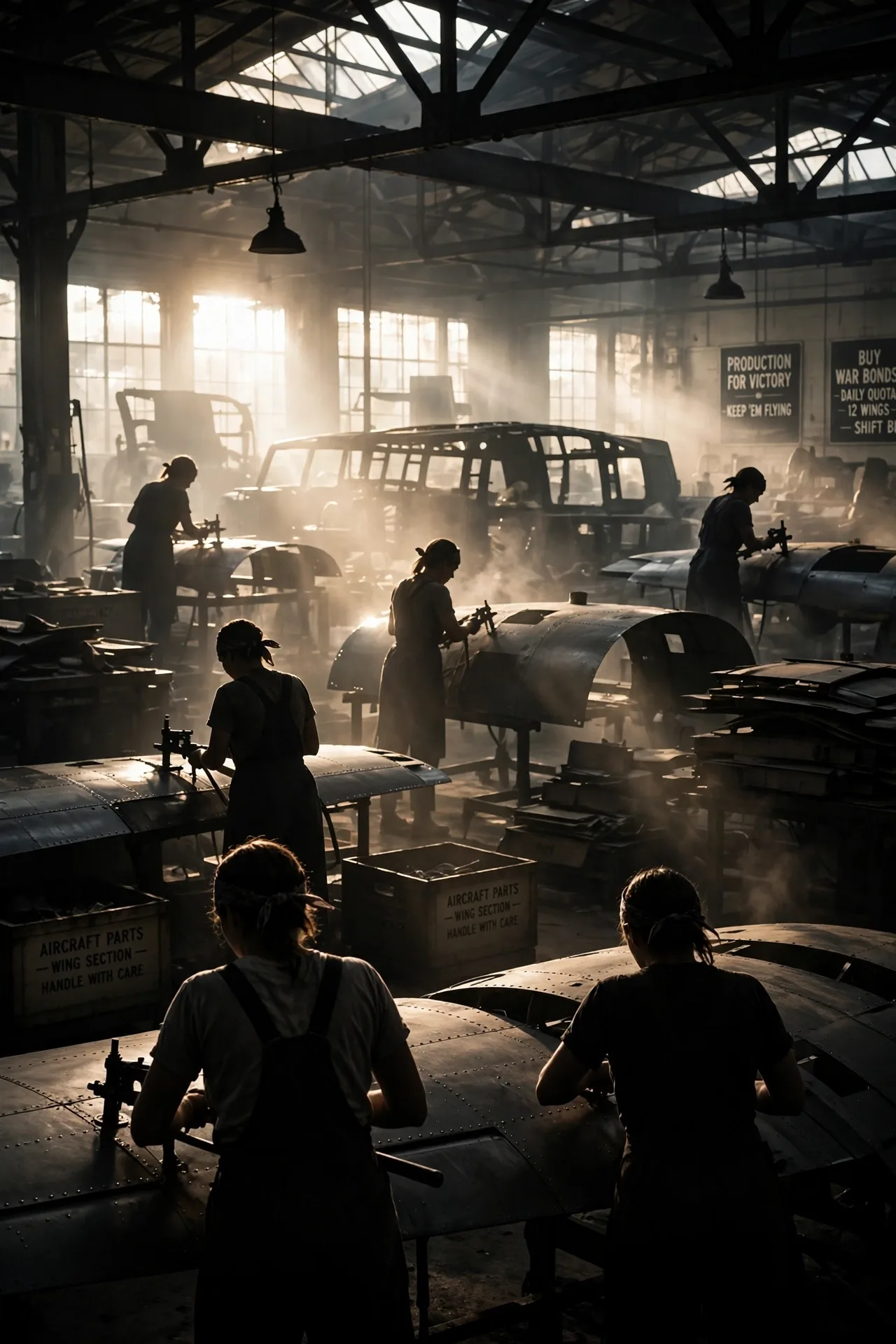 Second World War factory floor with women riveters seen from behind