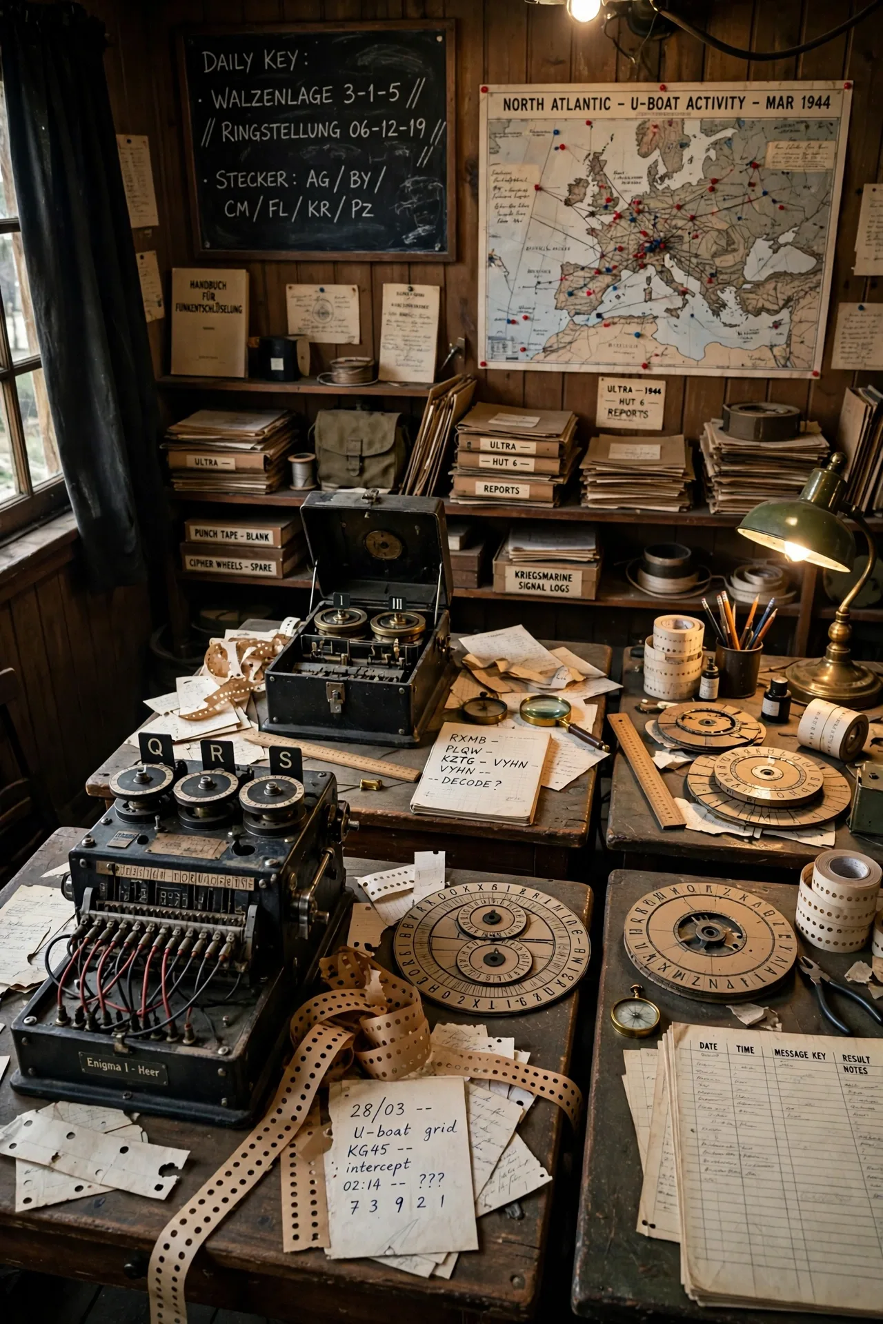 Second World War codebreaking room with rotor machines and paper strips