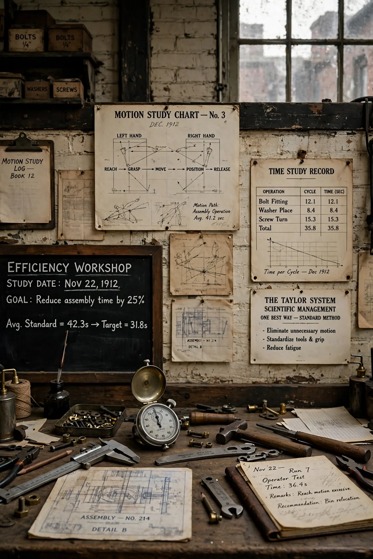 Early-1900s industrial efficiency workshop with a stopwatch and charts