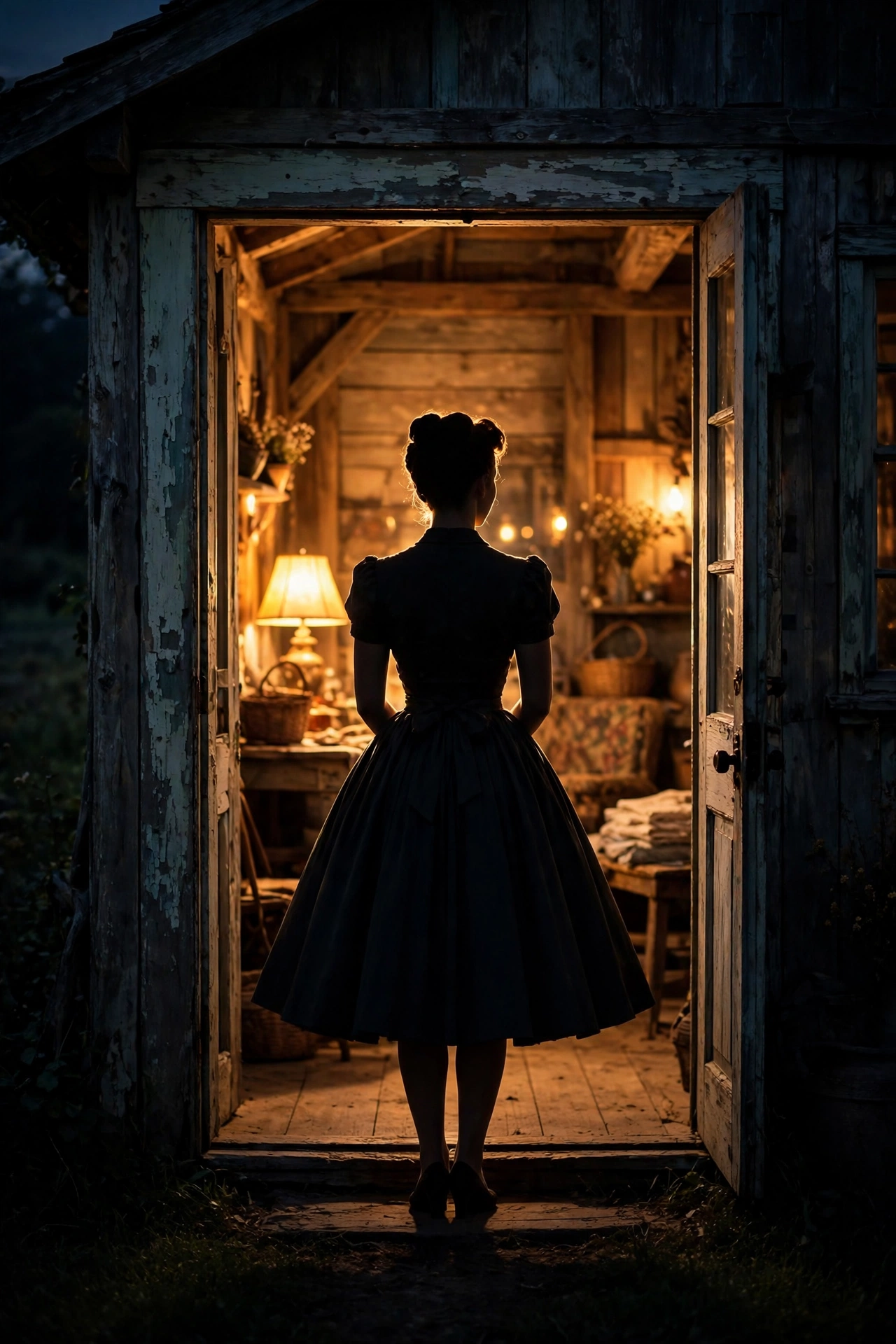 Woman in period dress standing centre-stage in a farmhouse doorway, seen from behind