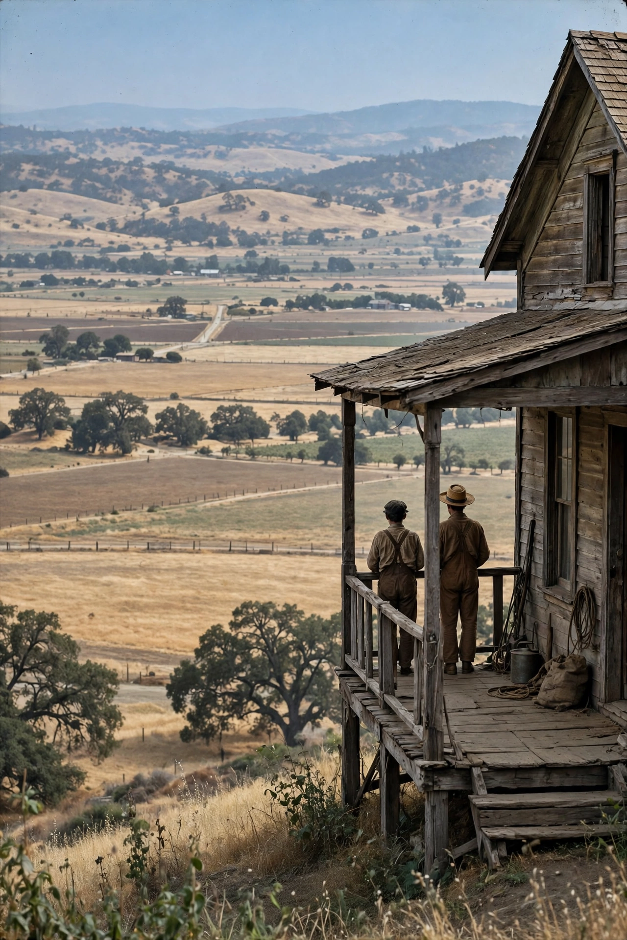Two brothers in period clothing standing on a farm porch, distant figures