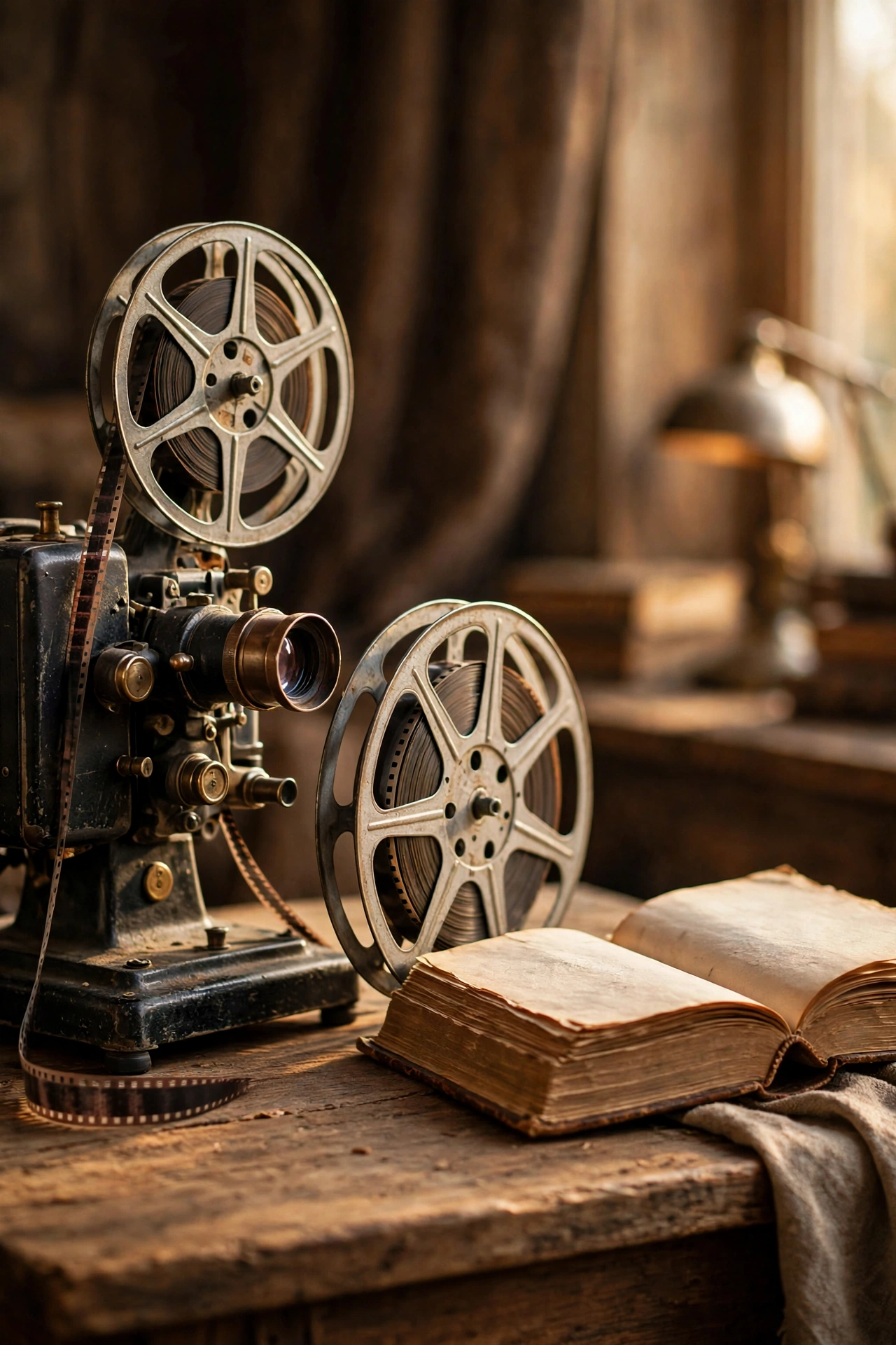 Vintage cinema projector and film reel beside a thick open classic novel