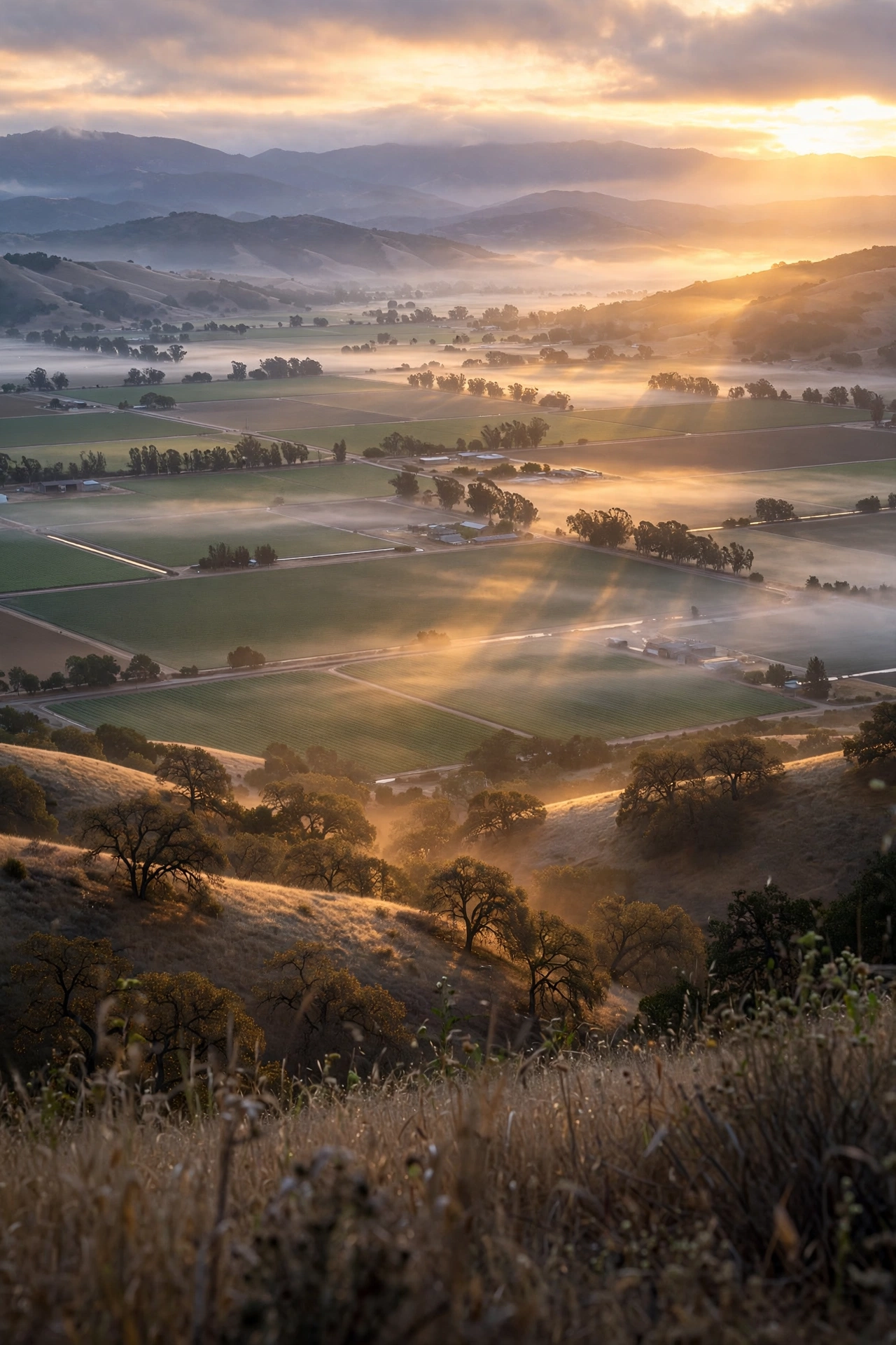 Wide Salinas Valley sunrise landscape over rolling farmland