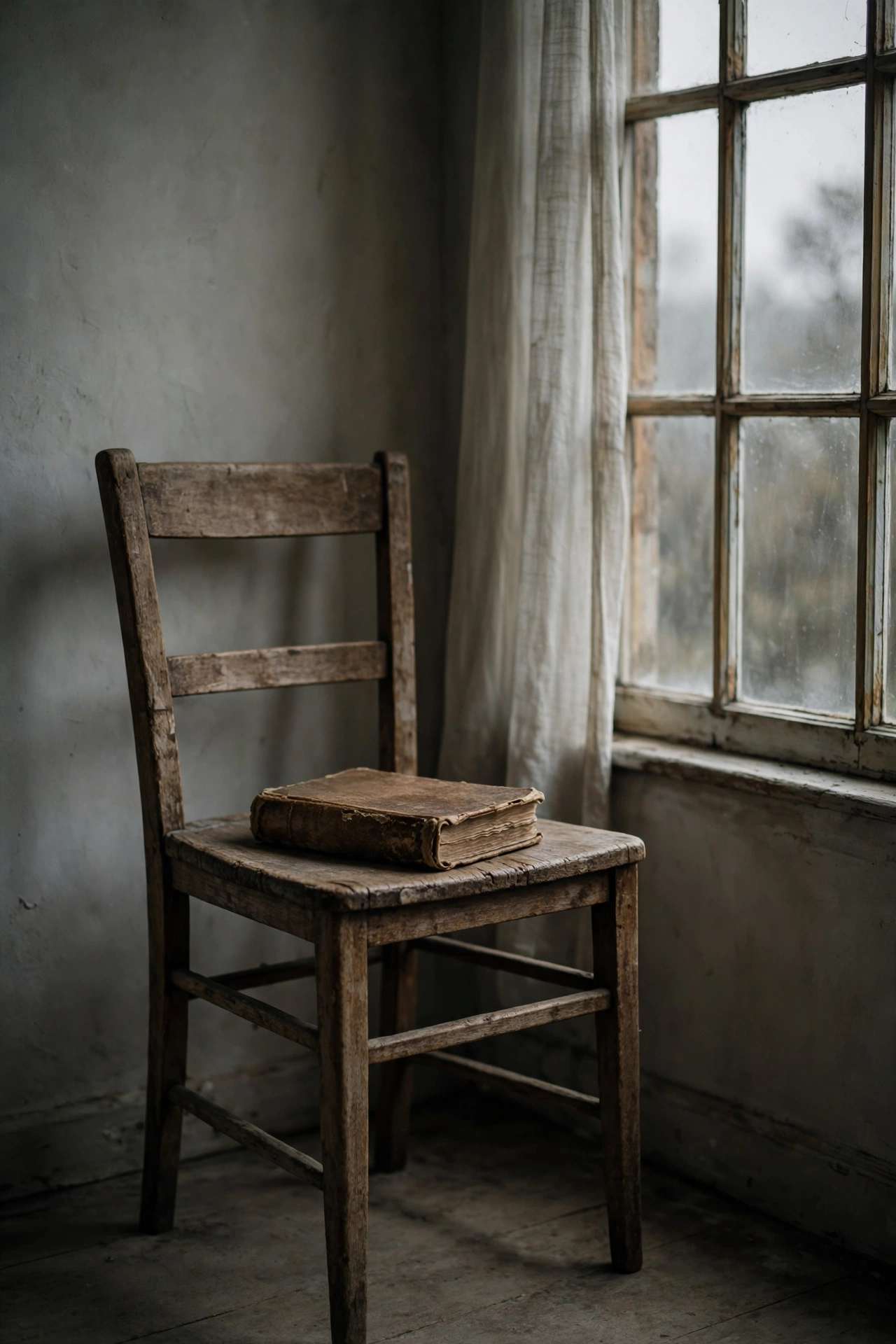 Empty chair beside a window with a worn book, muted tones, symbolic scene