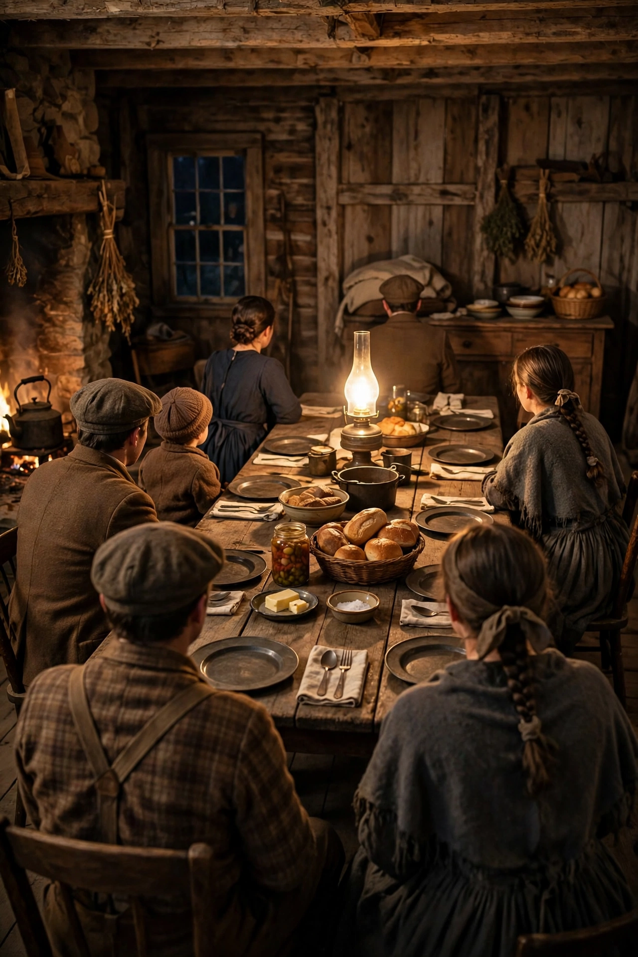 Warm period farmhouse family scene around a long wooden table, figures distant