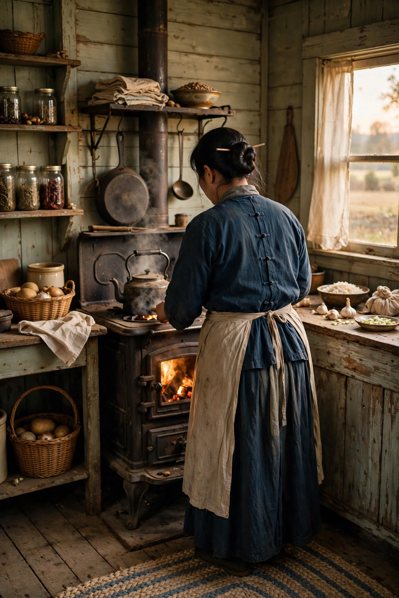 Period farmhouse kitchen scene with a Chinese-American housekeeper seen from behind