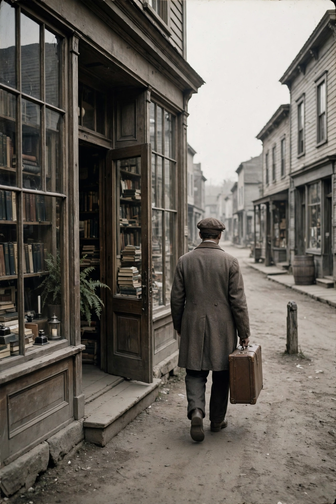 Small-town bookstore doorway with a man walking away carrying a suitcase, back view