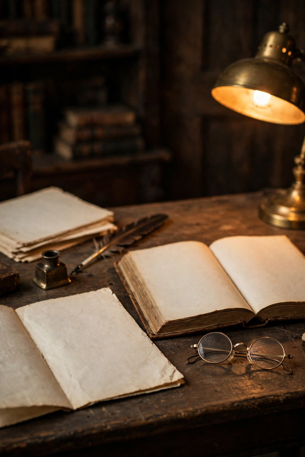 Period study desk with an open letter, an open book and reading glasses