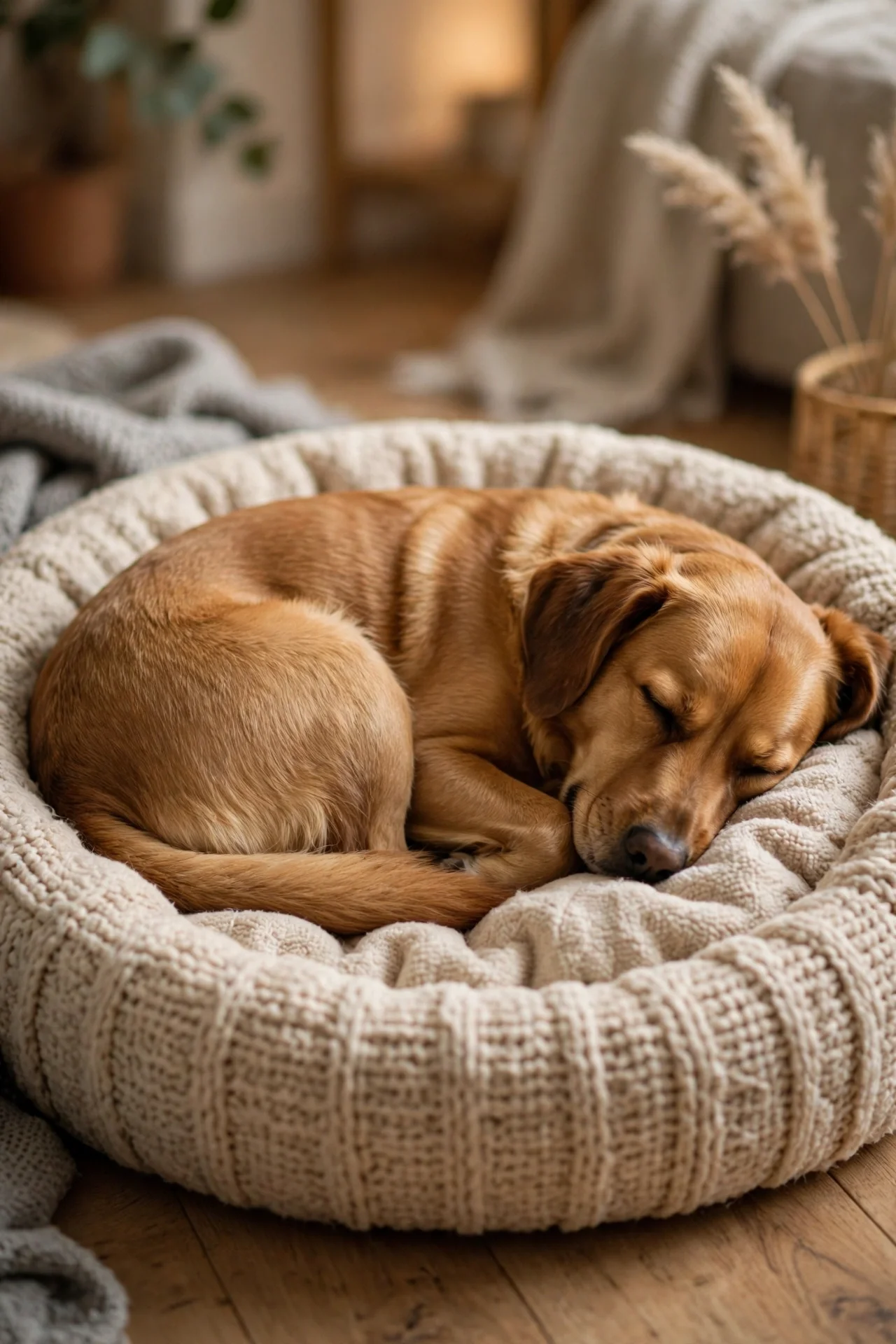 Dog sleeping deeply curled up in a round cozy dog bed