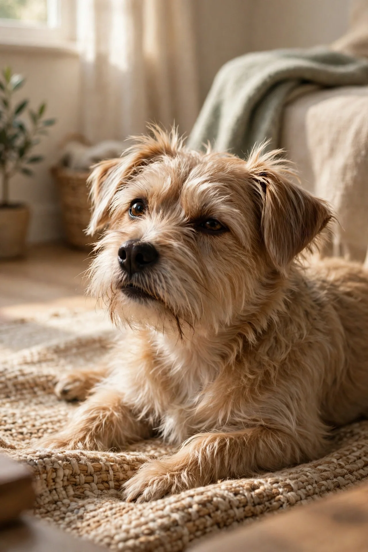 Dog just waking up on a rug with soft sleepy eyes