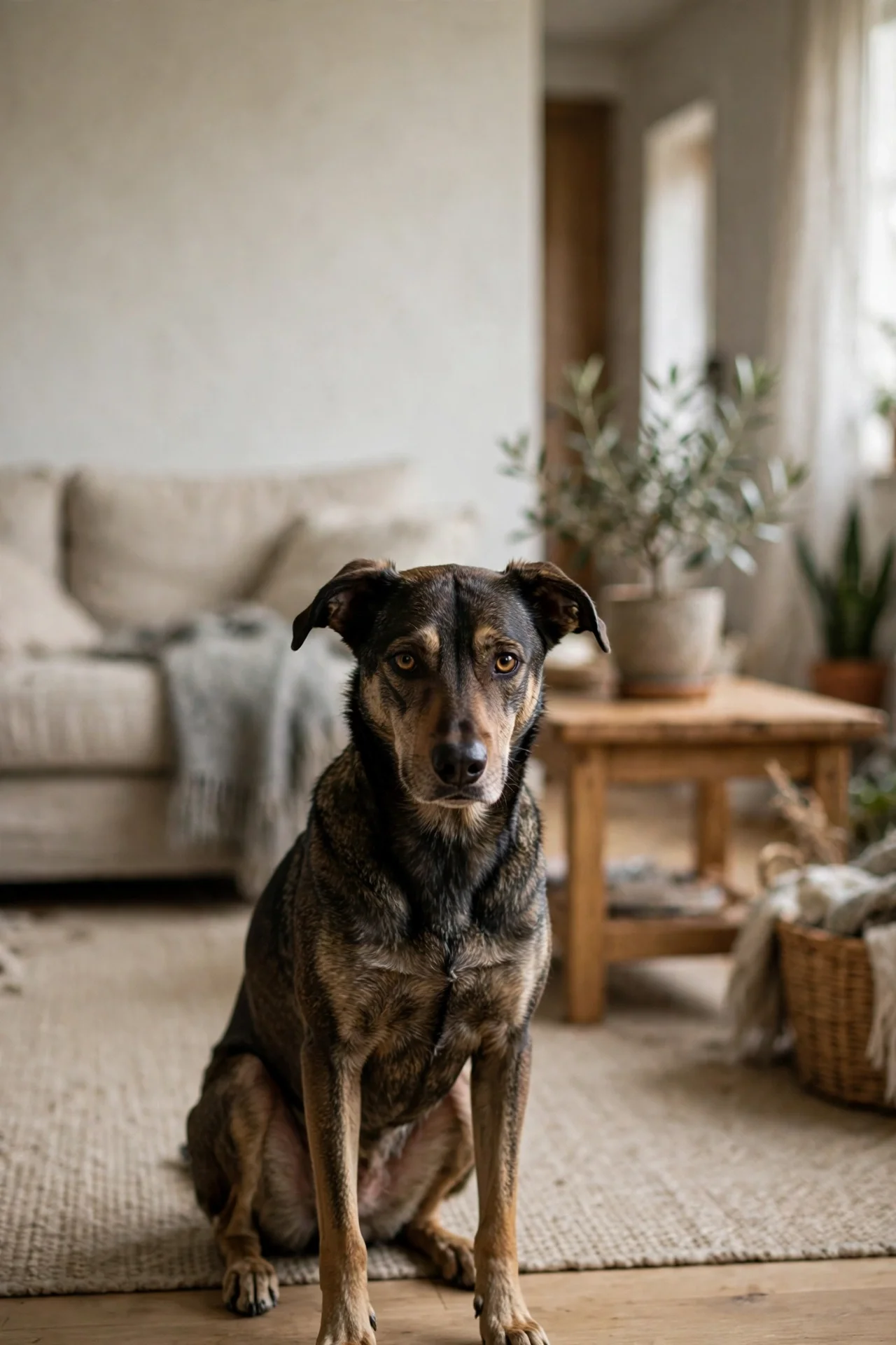 Dog sitting at a cautious distance giving a wary hard stare