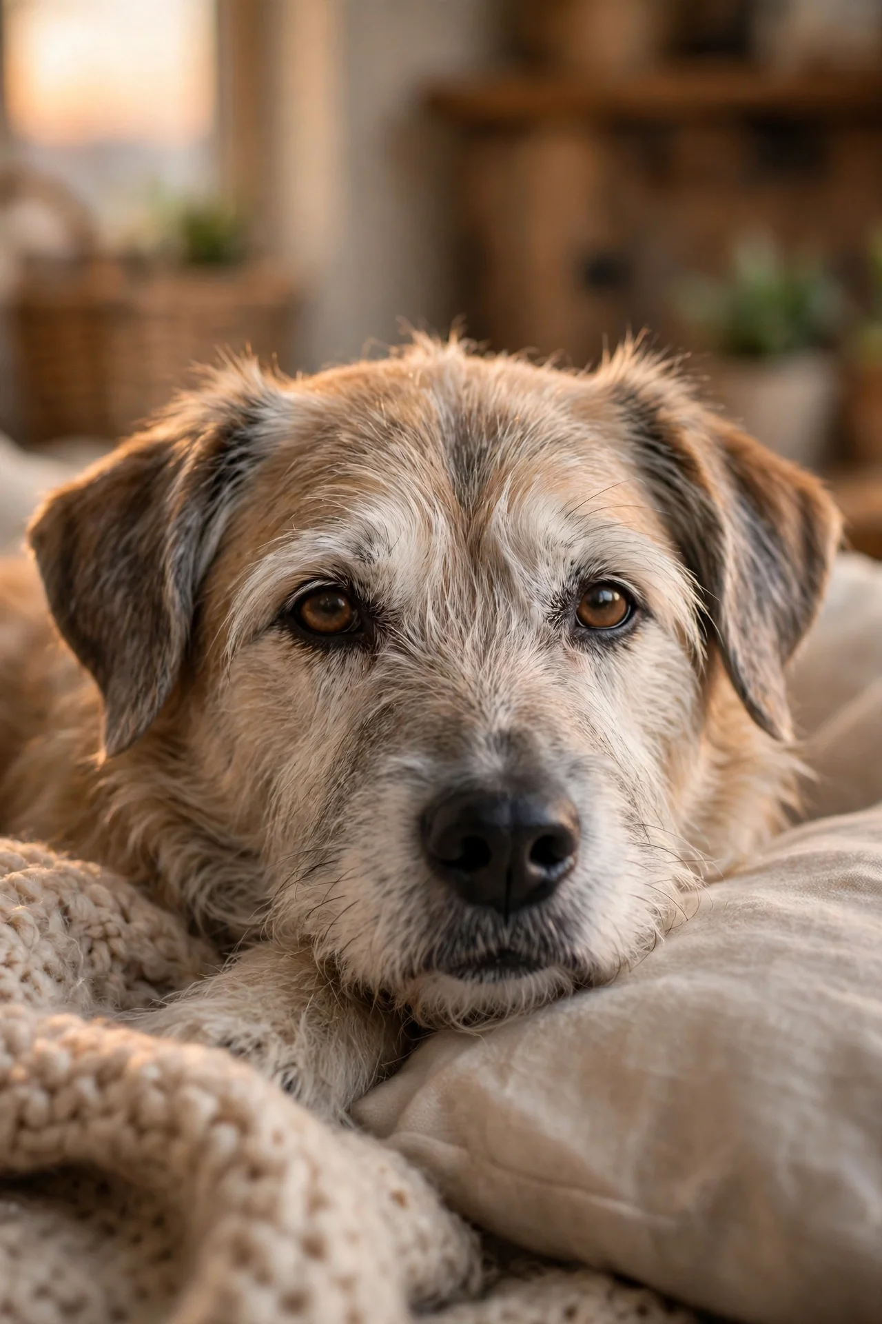 Gentle senior dog with a grey muzzle resting calmly