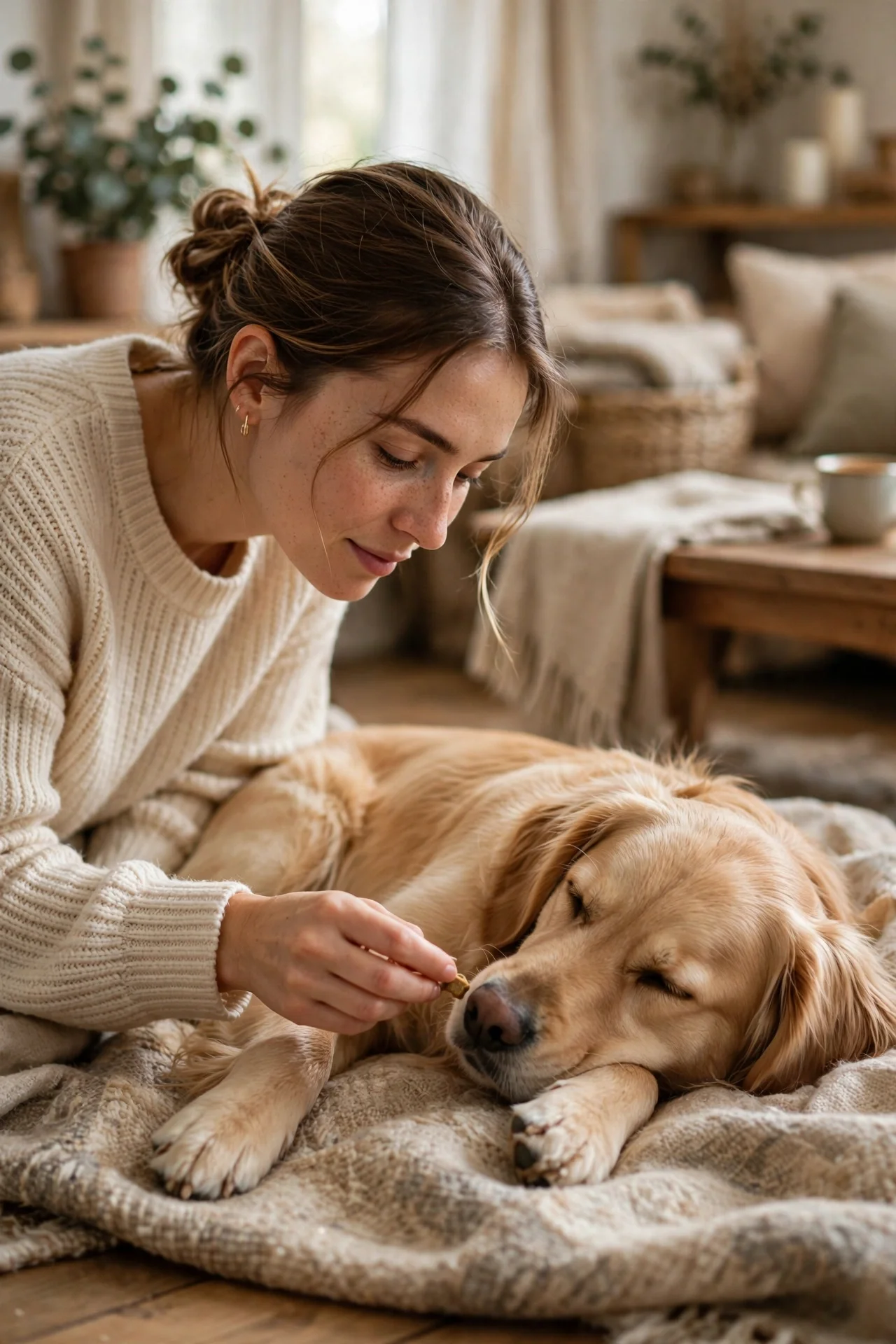 Owner gently waking a sleeping dog by offering a treat near its nose