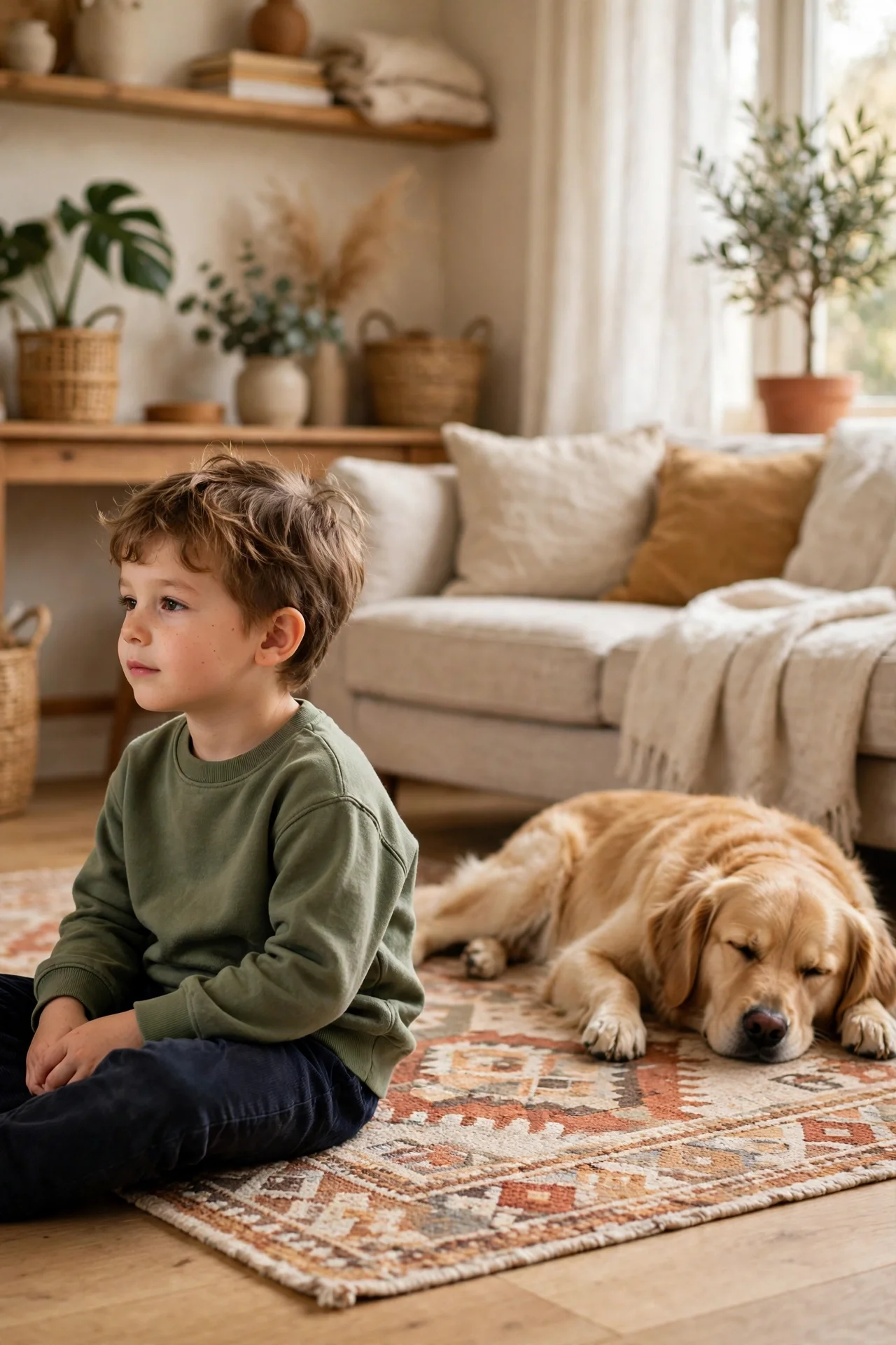 Child sitting calmly at a respectful distance from a resting dog