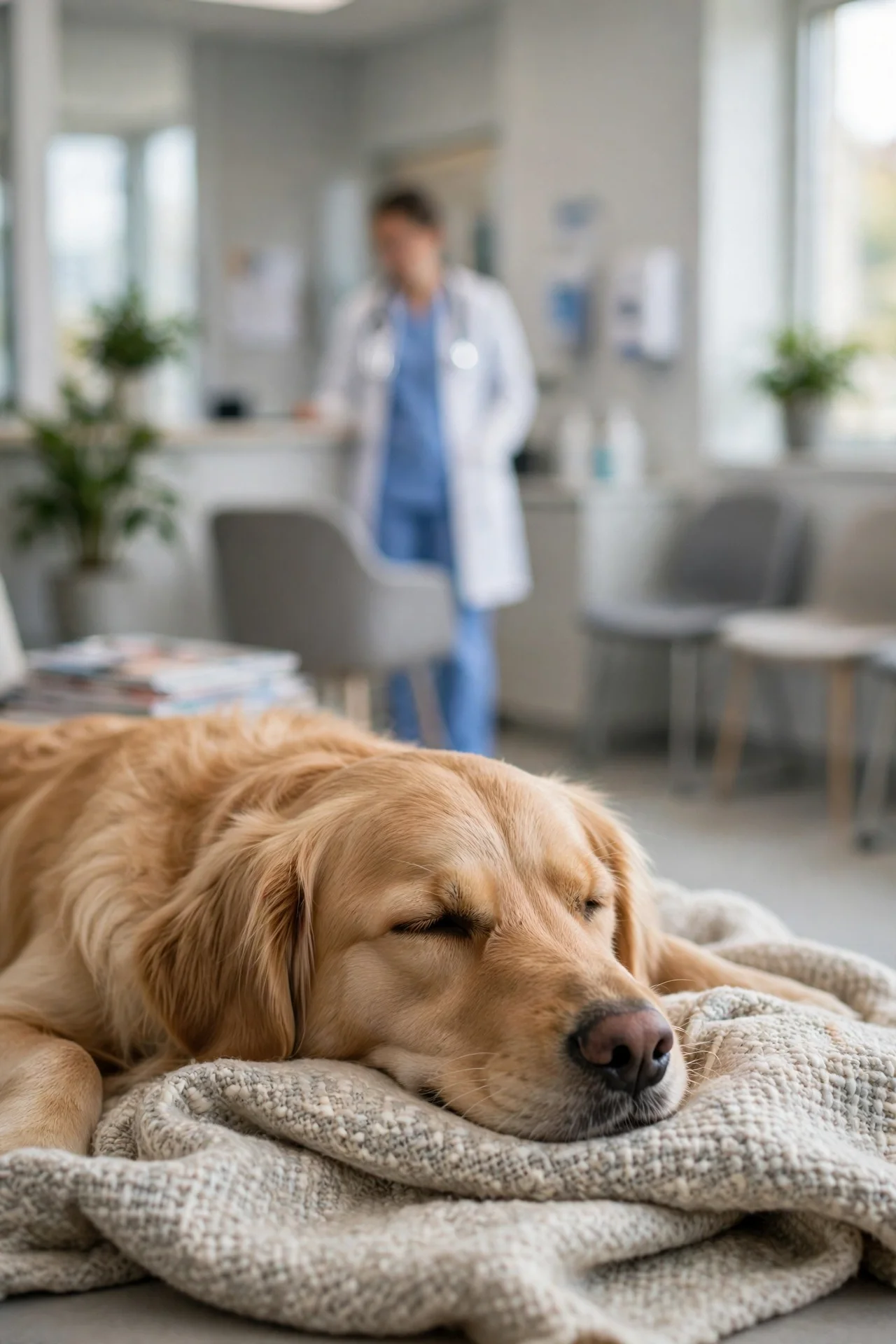 Dog resting calmly on a blanket in a bright veterinary clinic waiting room