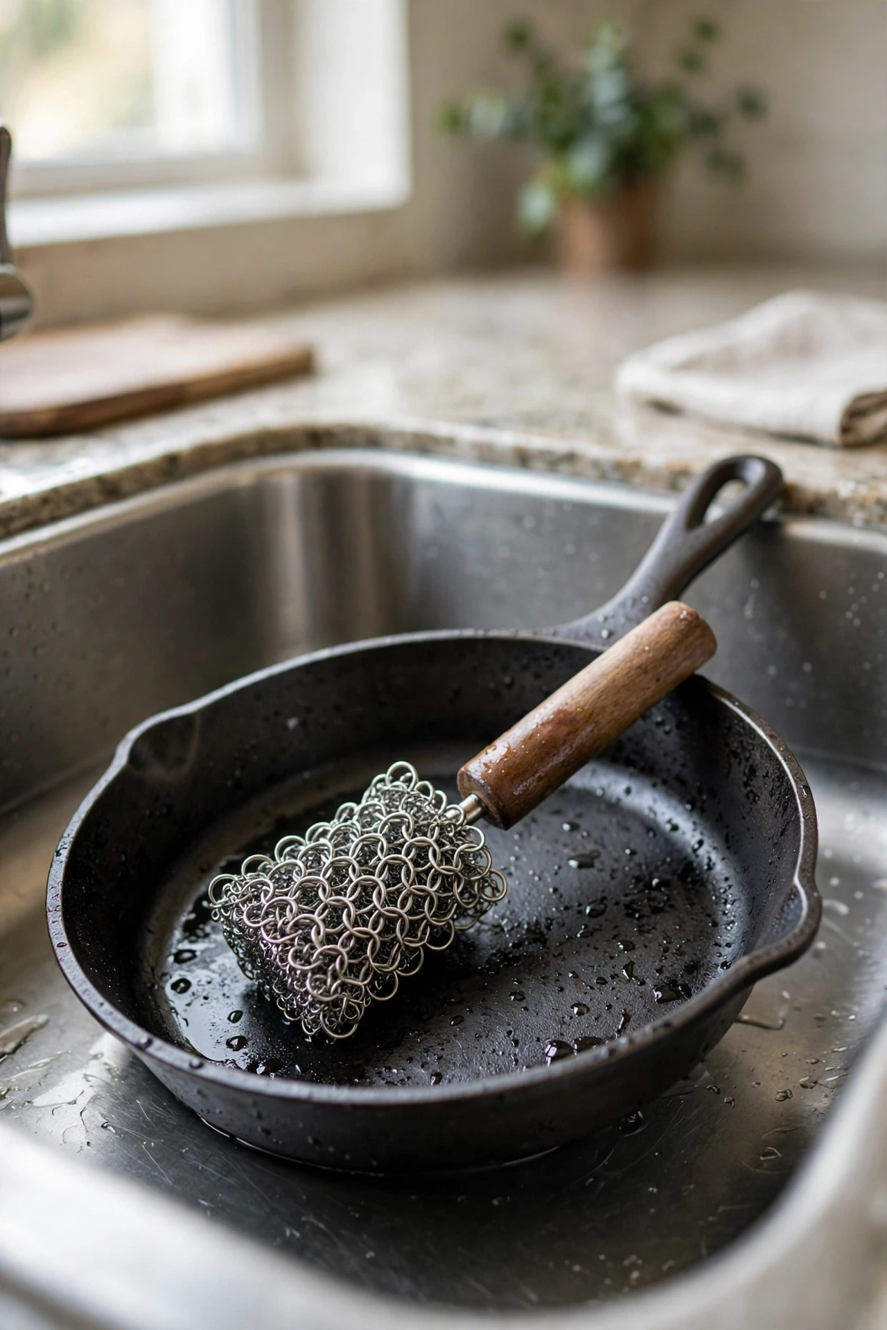 Chain-mail scrub brush resting on a cast-iron skillet in a sink