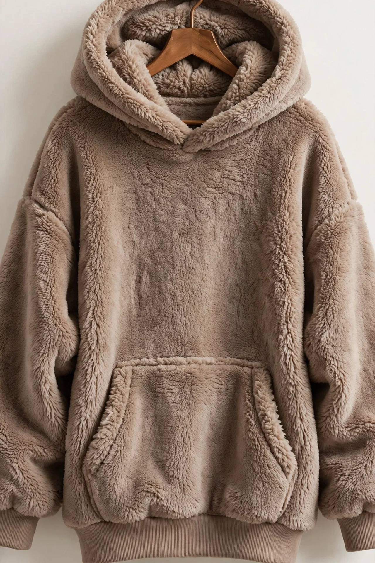 Taupe oversized fleece hoodie on a hanger