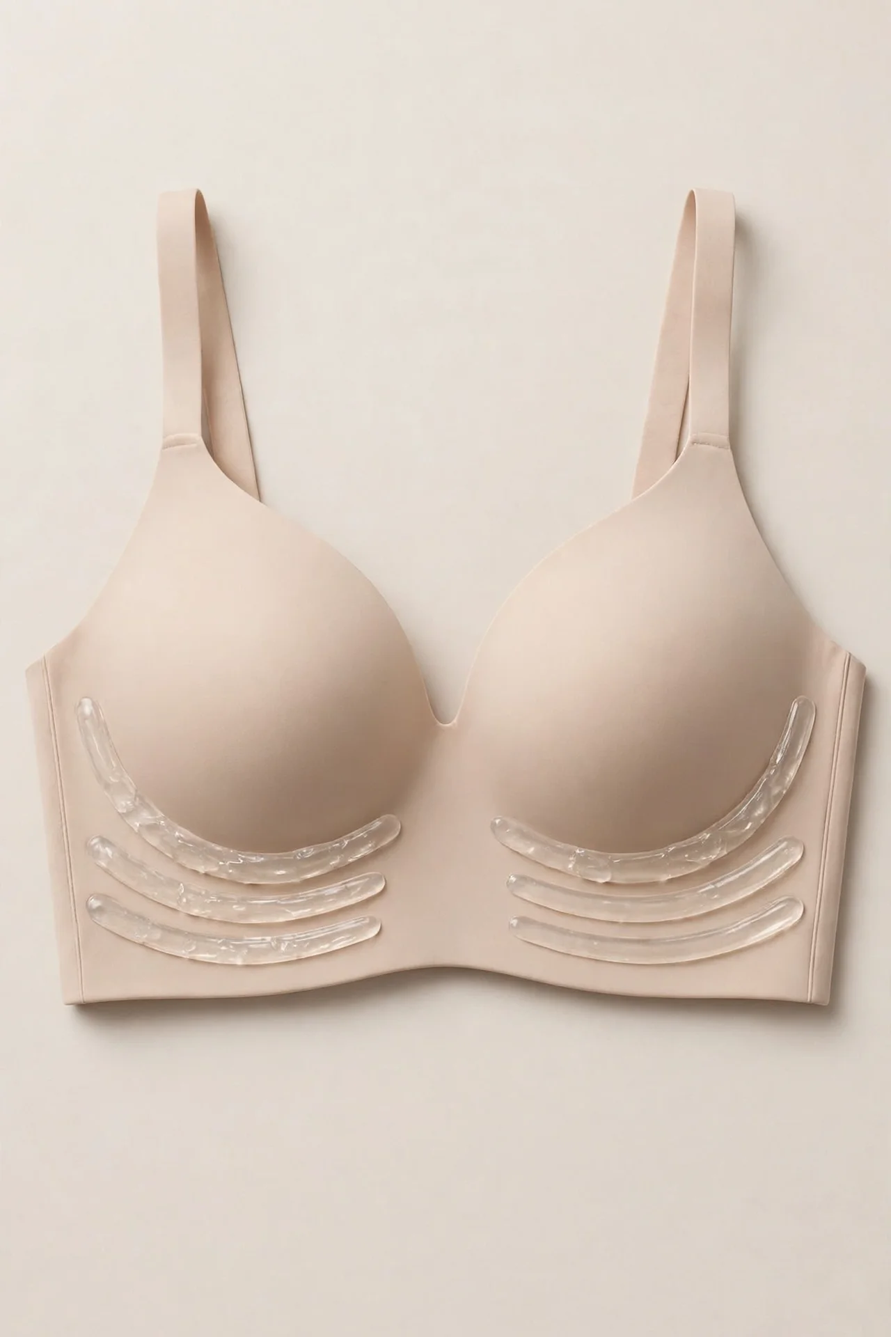 Beige wireless seamless bra, flat lay