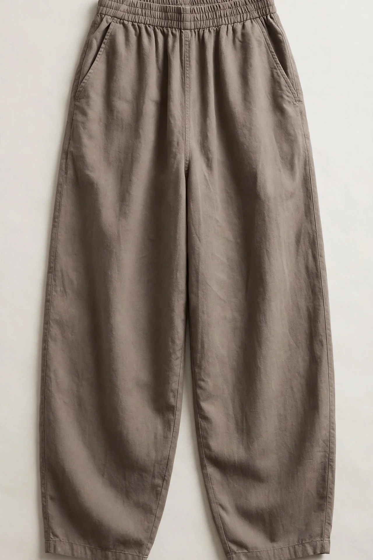 Taupe pull-on barrel pants, flat lay