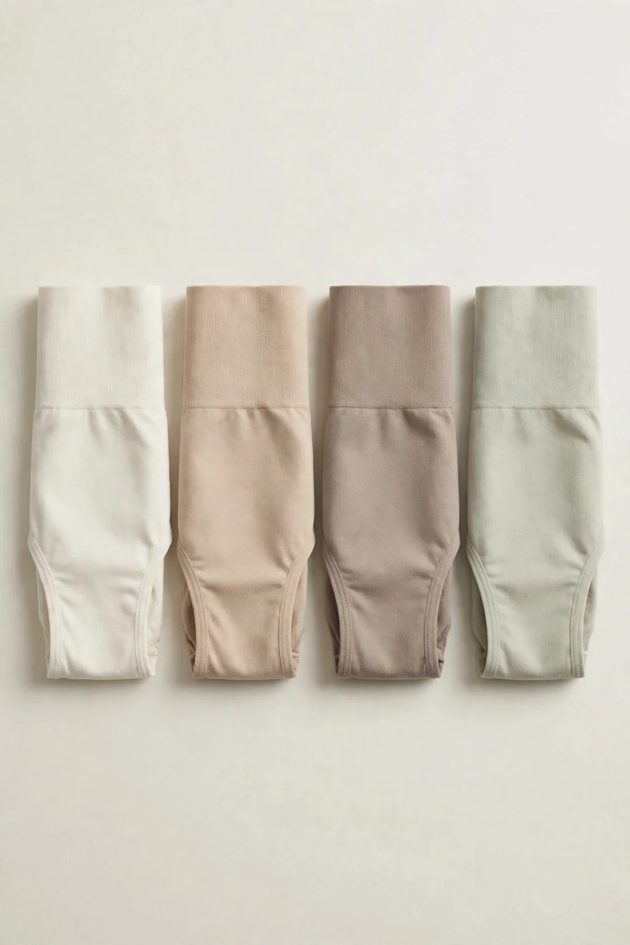 Four pairs of seamless high-rise bikini panties in neutrals, folded