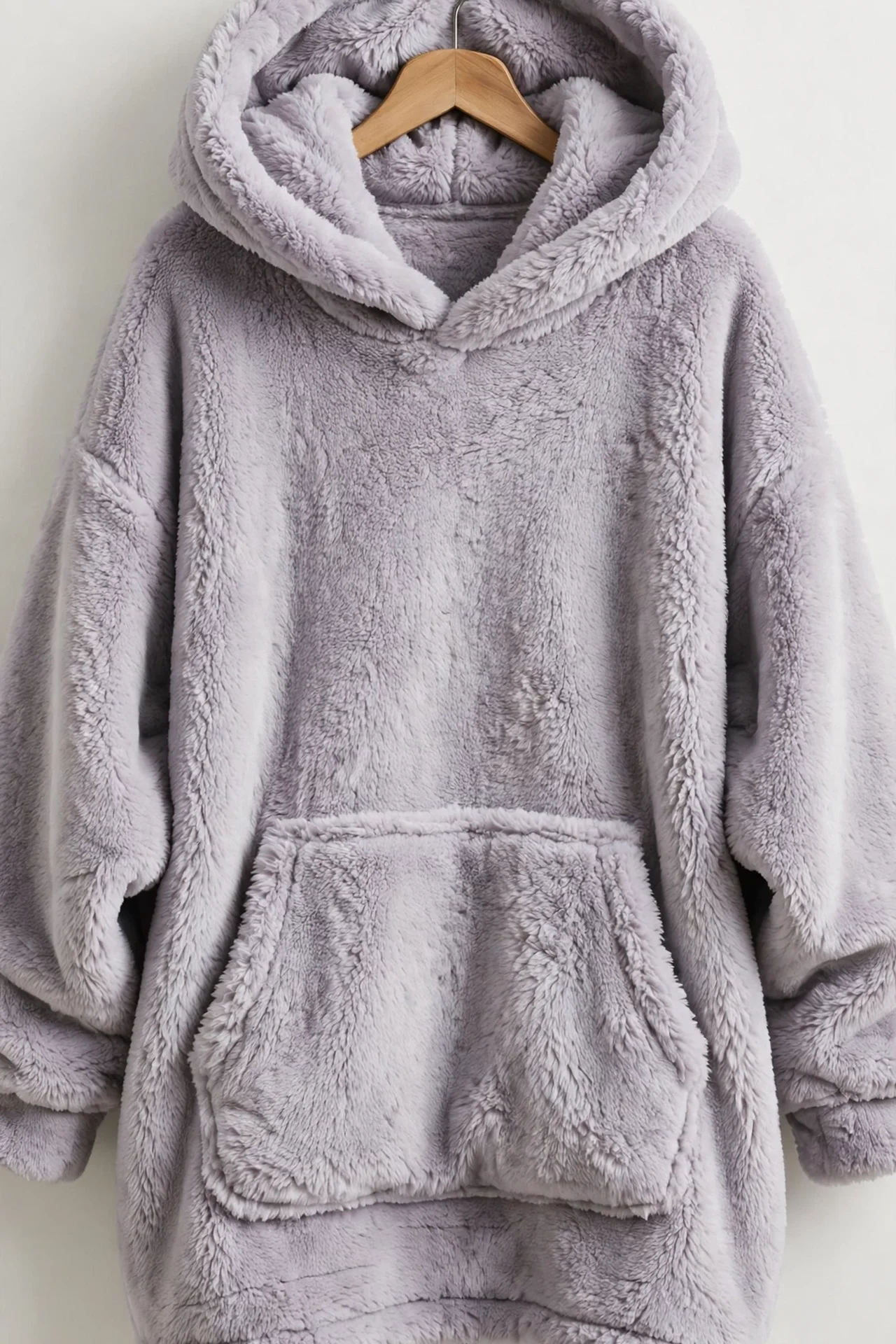 Lavender-grey plush wearable blanket hoodie on a hanger