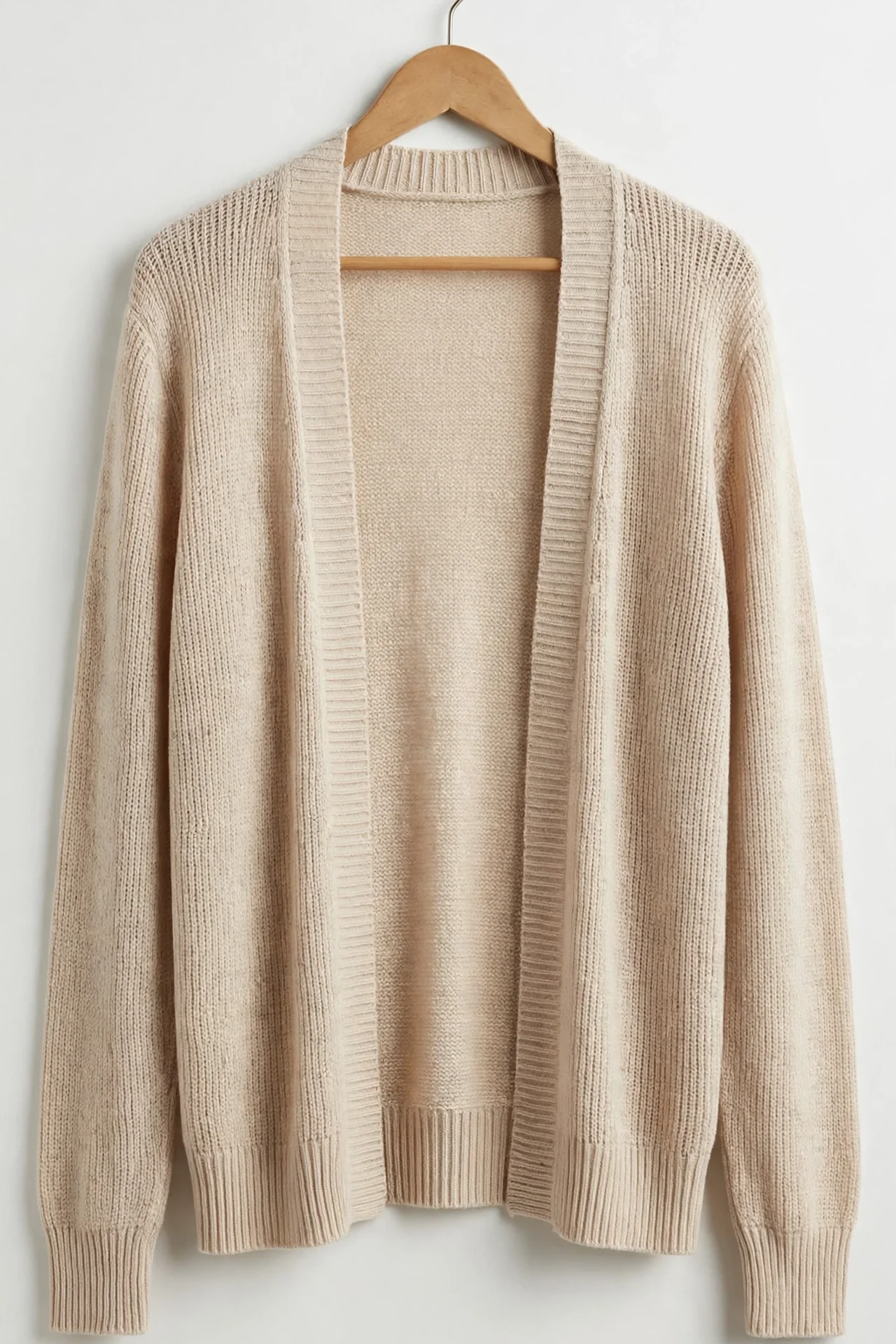 Beige lightweight open-front cardigan on a hanger