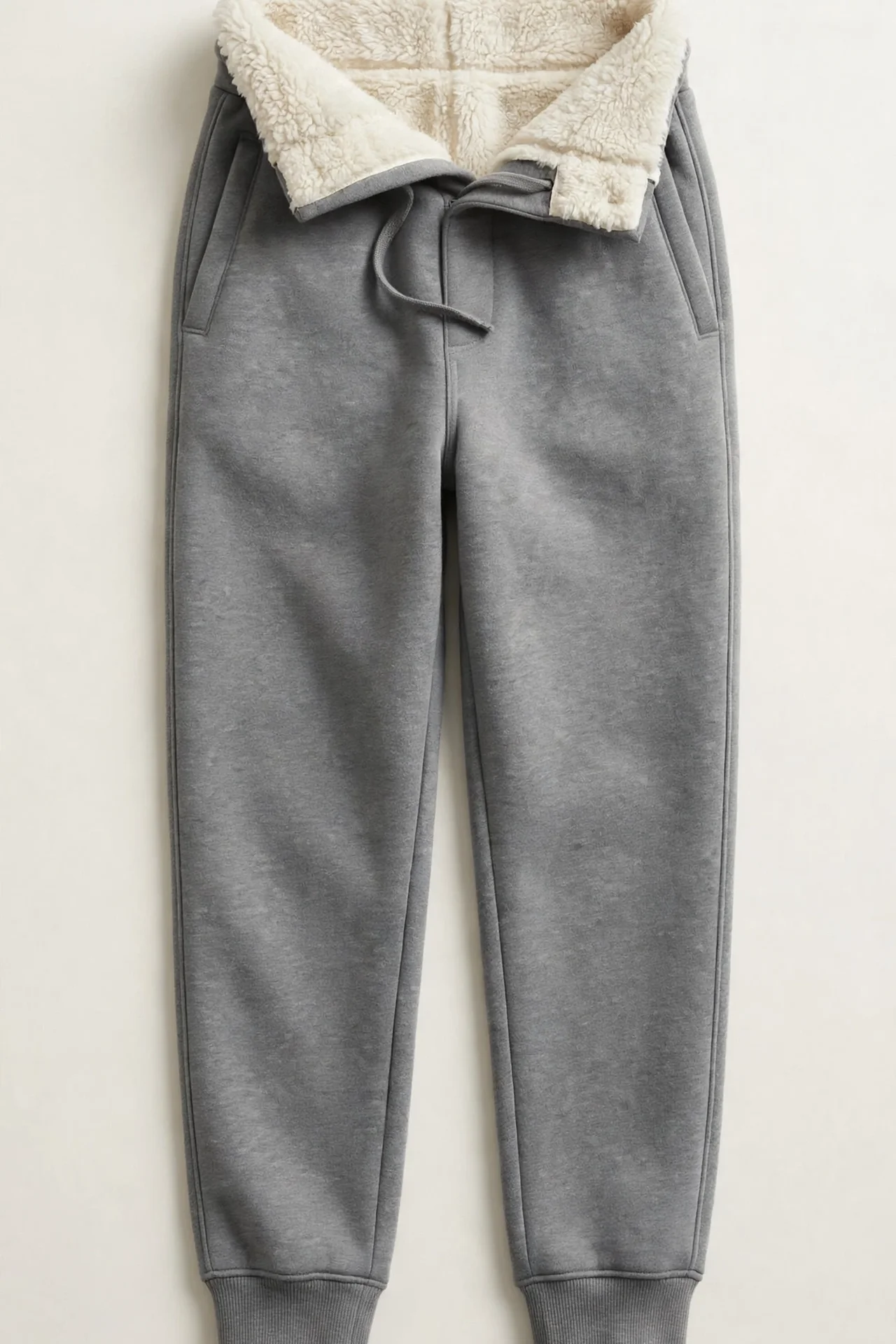 Grey fleece-lined joggers with sherpa lining shown at waistband