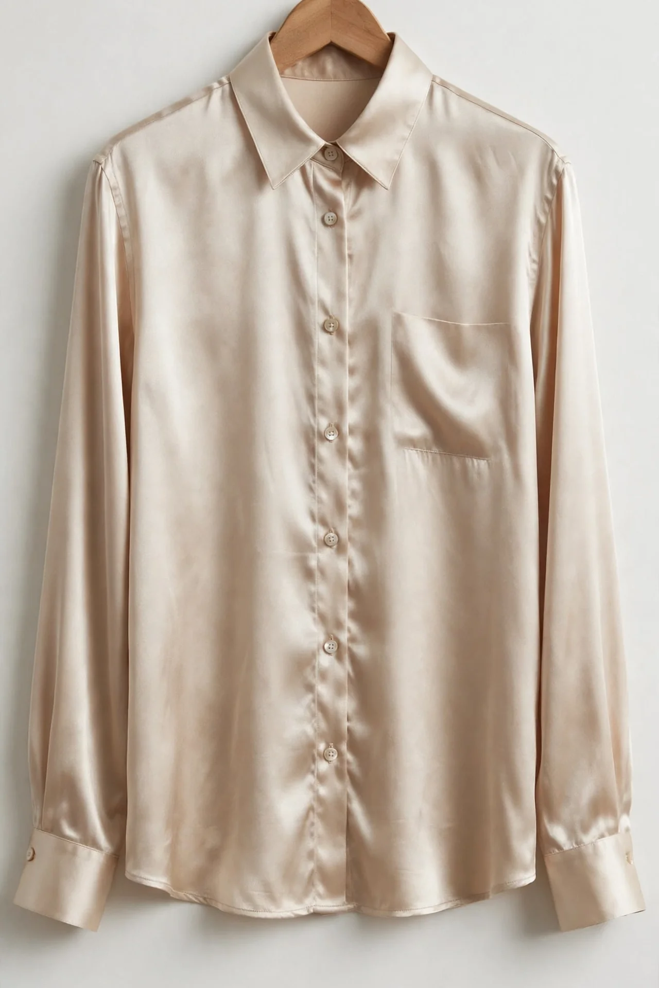Champagne satin button-down shirt on a hanger