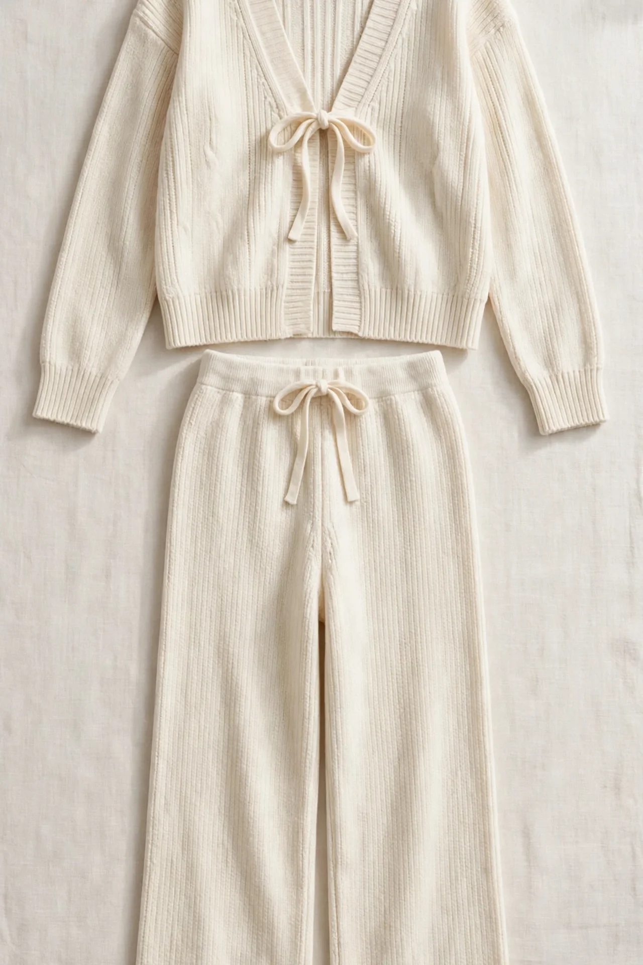 Cream cardigan lounge set with tie strings, flat lay