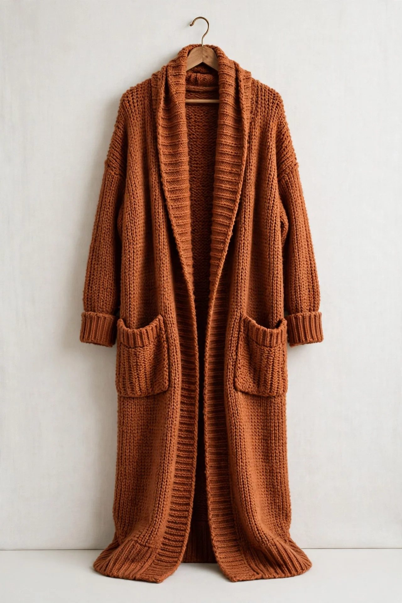 Rust super long oversize cardigan with large pockets on a hanger