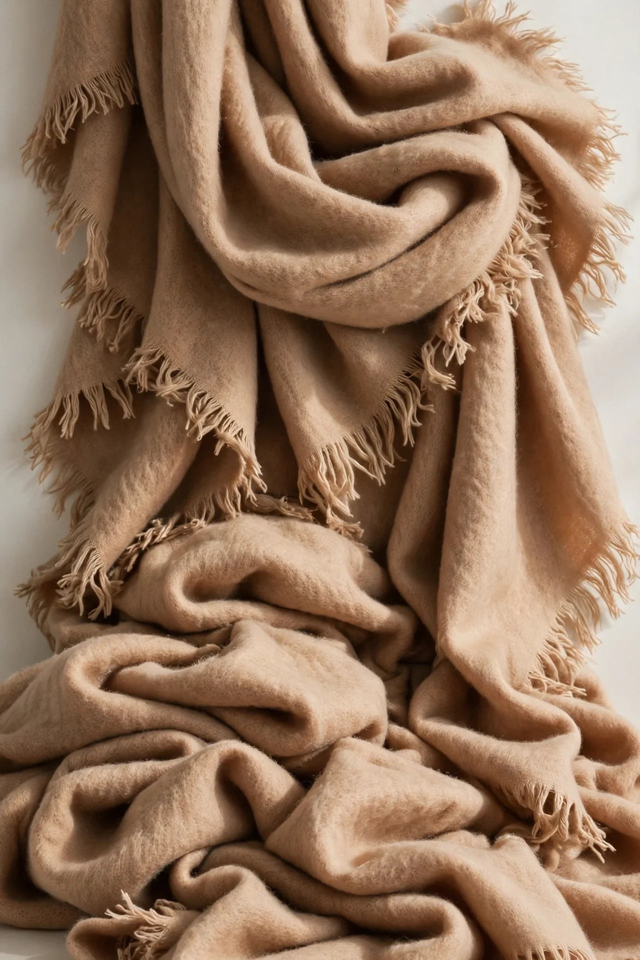 Camel oversize soft scarf with frayed edges, draped