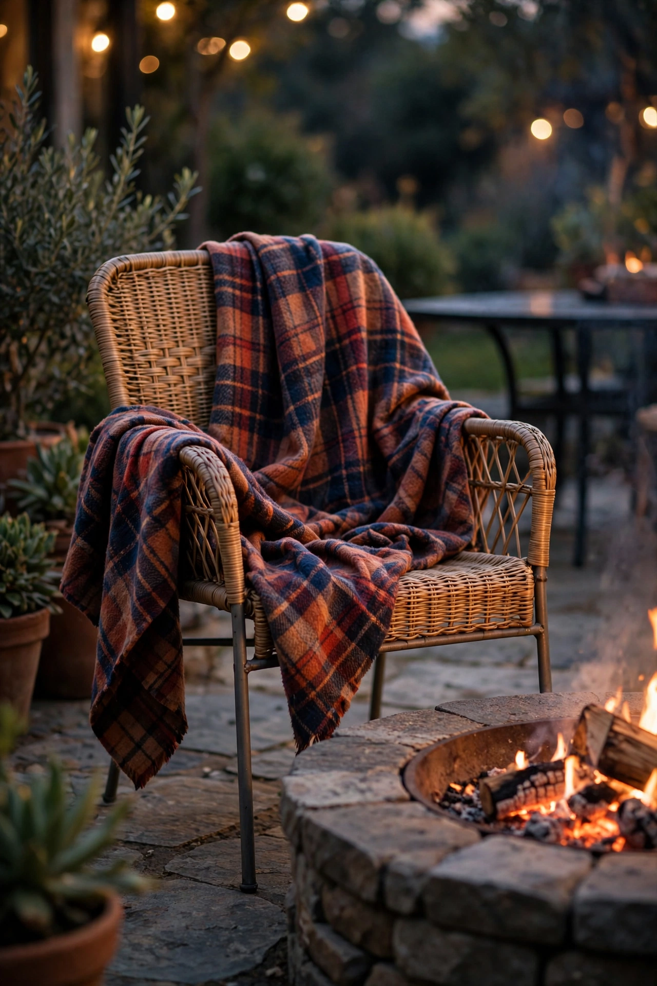 Plaid chair blanket on a patio chair