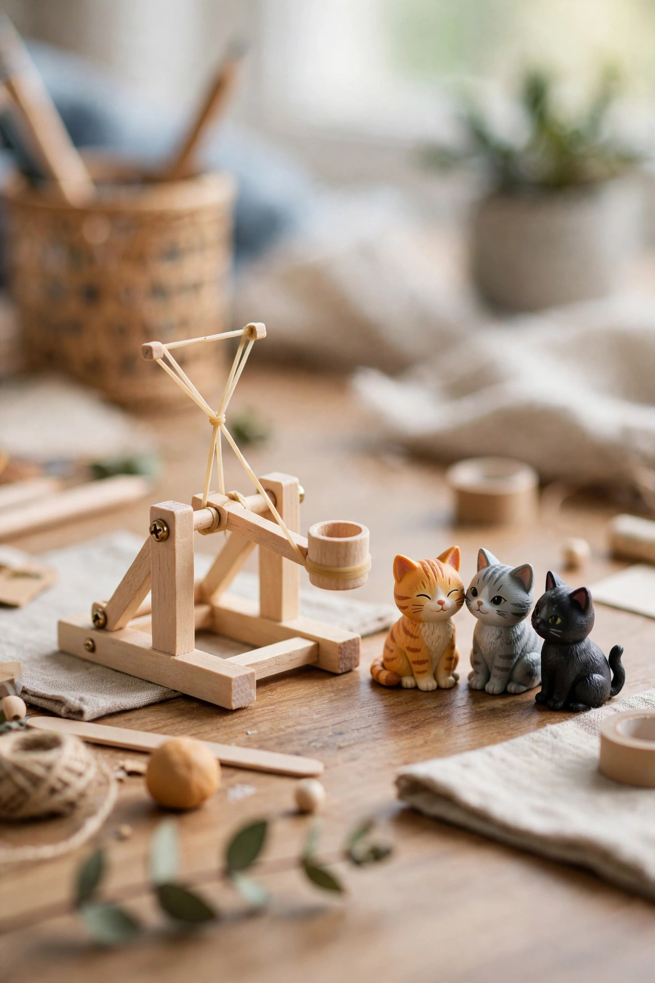 Miniature catapult toy with cat figures