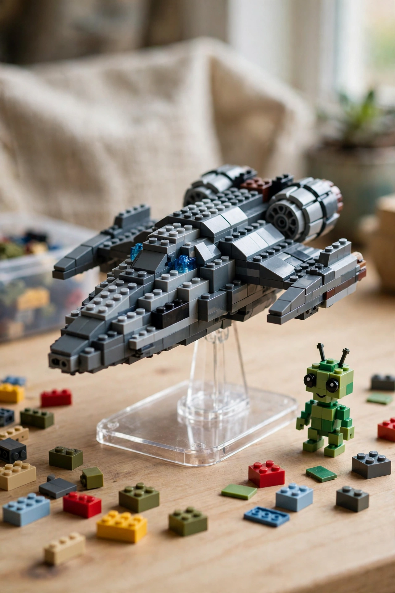 Brick-built spaceship model on a stand