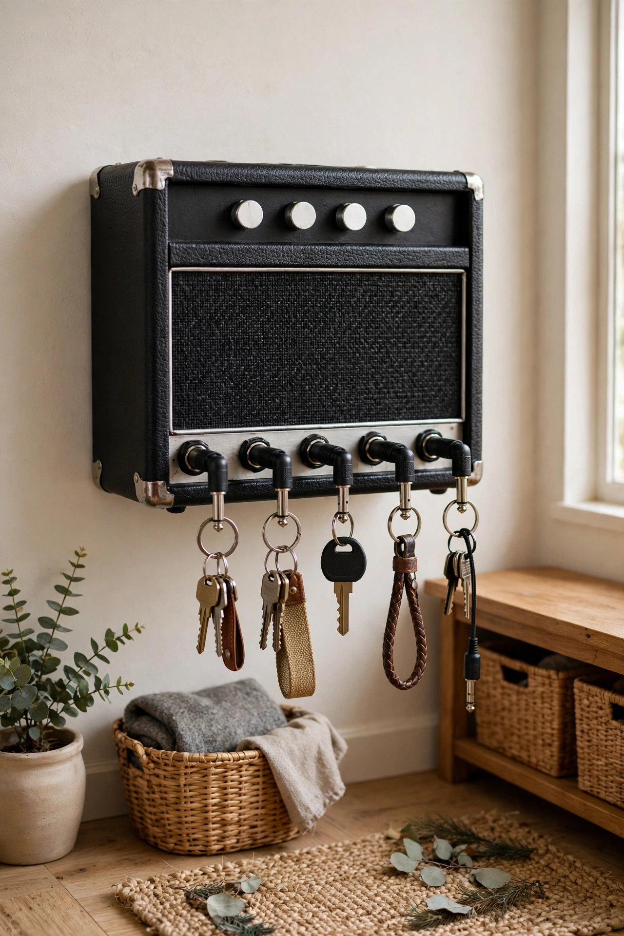 Guitar amp style key holder with plug keychains